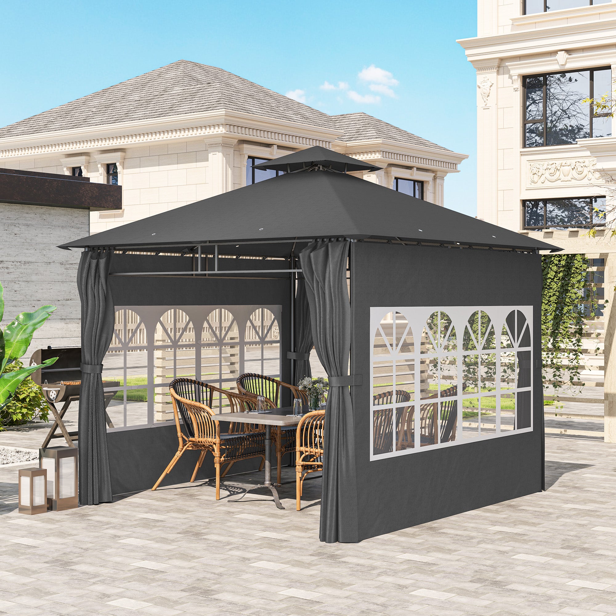Outsunny 3 x 3 m Garden Gazebo, Double Roof Metal Gazebo with Removable Sidewalls and Church Windows, Outdoor Canopy Shelter, Dark Grey