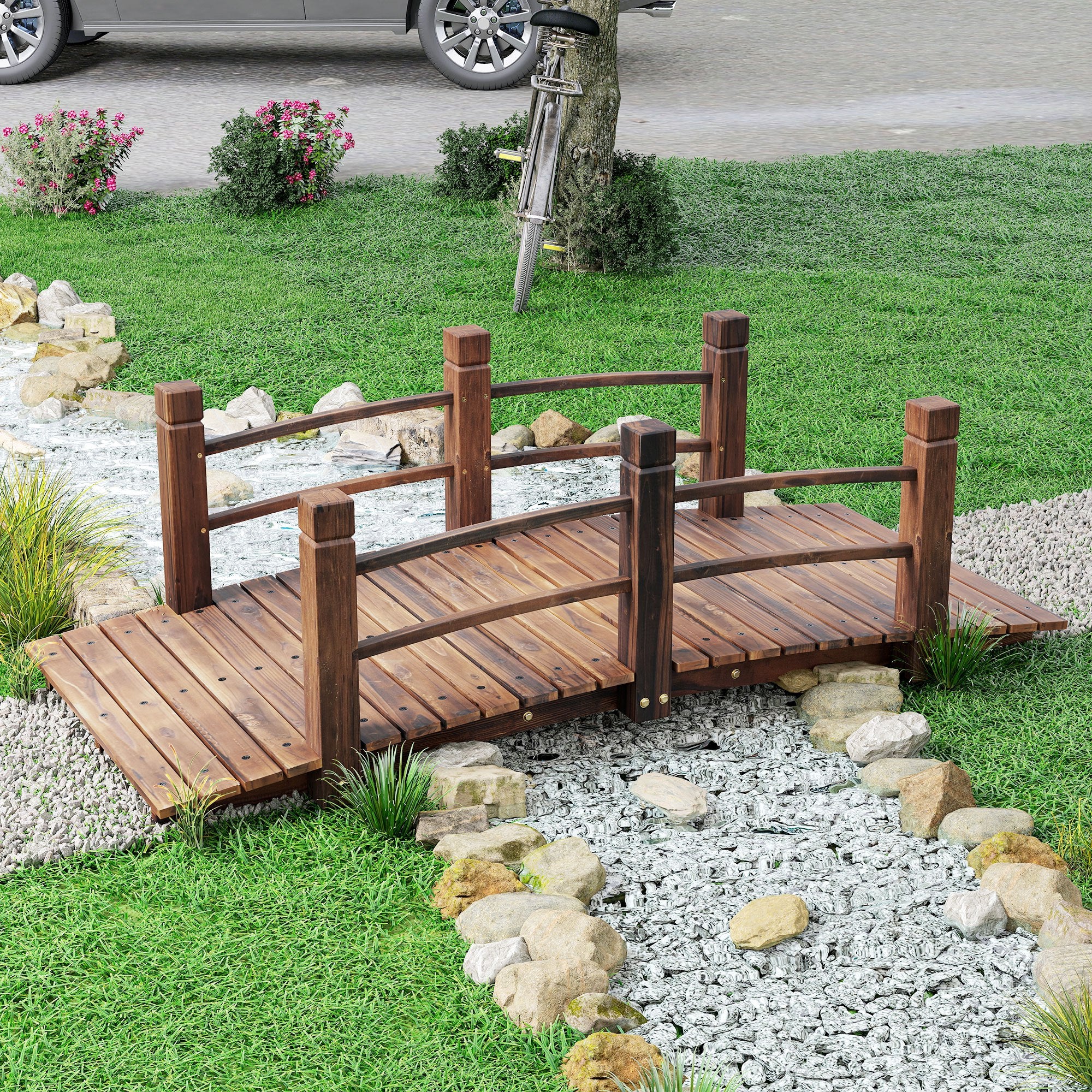 Outsunny 1.5M Wooden Garden Bridge Lawn D√É¬©cor Stained Finish Arc Outdoor Pond Walkway w/ Railings Water Yard Decoration