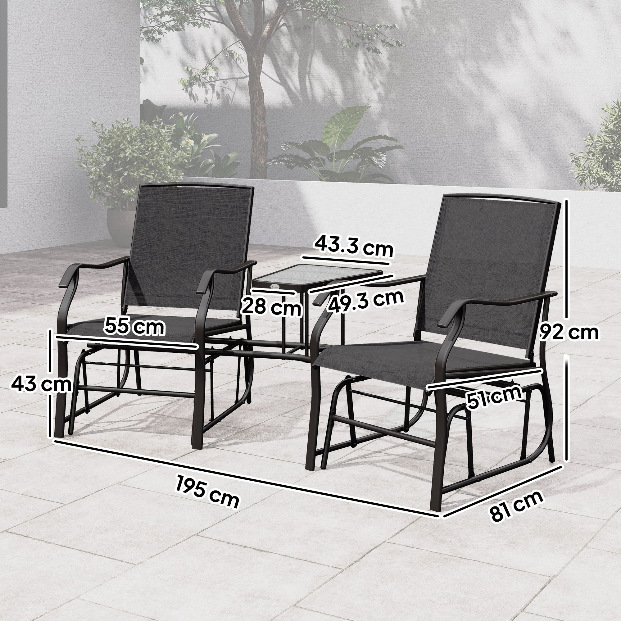 Outsunny Gliding Jack and Jill Seat, with Glass-Top Table - Black