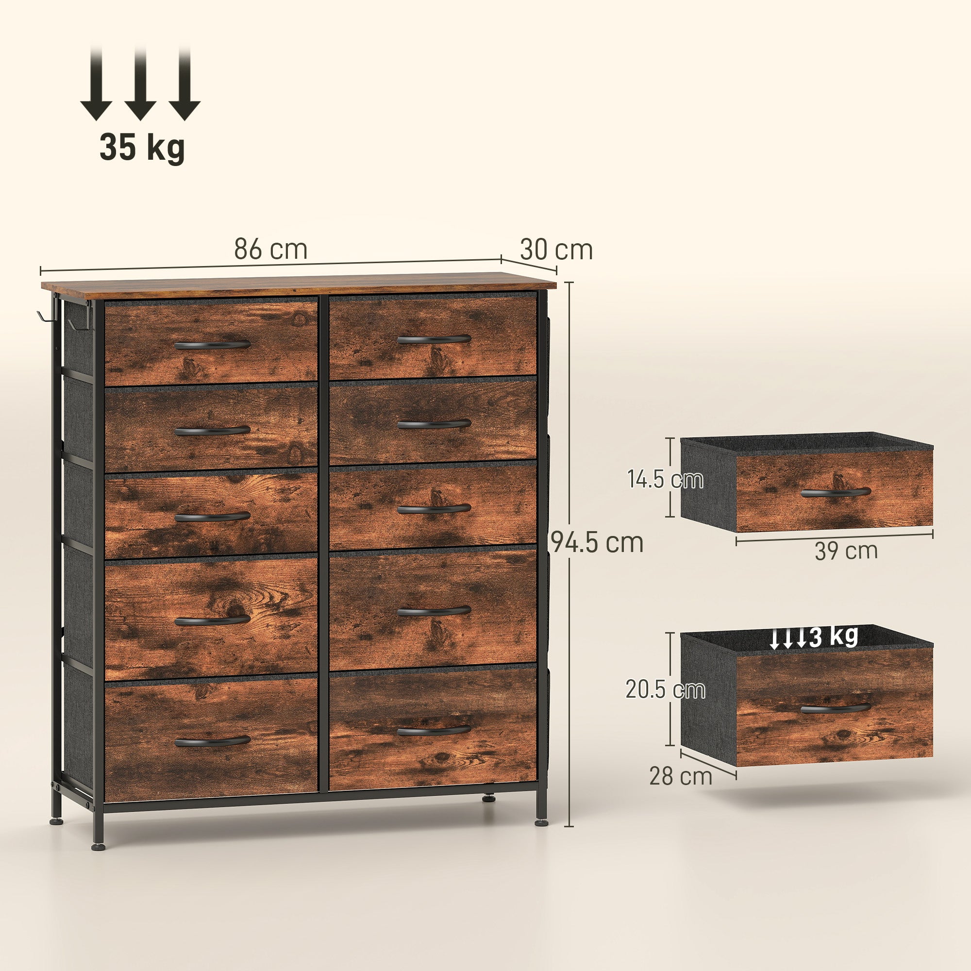 HOMCOM Chest of Ten Fabric Drawers - Rustic Brown