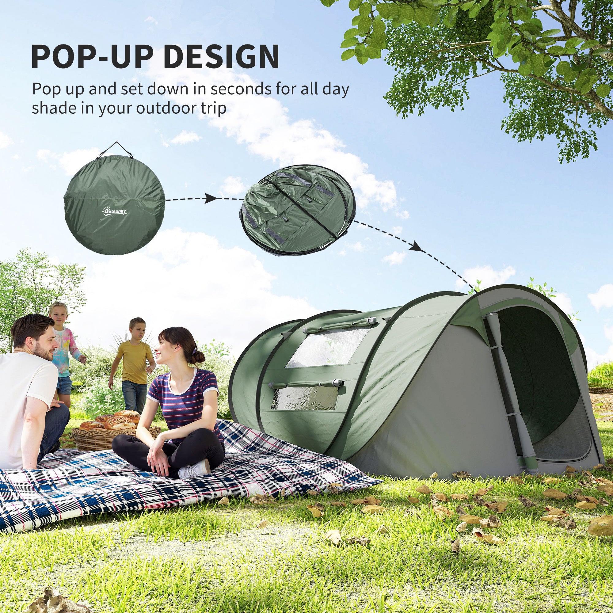 Outsunny 4 Person Pop-up Camping Tent Family Tent with Ground Sheet, 4 Windows and Portable Carry Bag for Beach Outdoor Trip, Dark Green
