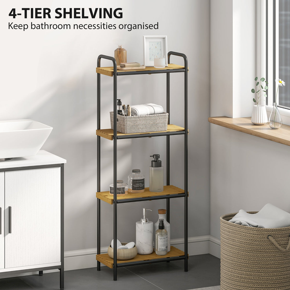 HOMCOM 4-Tier Bamboo Bathroom Storage Shelf, Freestanding Narrow Shelving Unit with Slatted Shelves for Kitchen Bathroom Living Room, 41.5 x 21.5 x 106 cm, Natural and Black