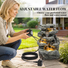 Outsunny Outdoor Fountain with 6-Tier Rock Design, Waterfall Feature with LED Lights, Resin Freestanding Garden Fountain, Grey