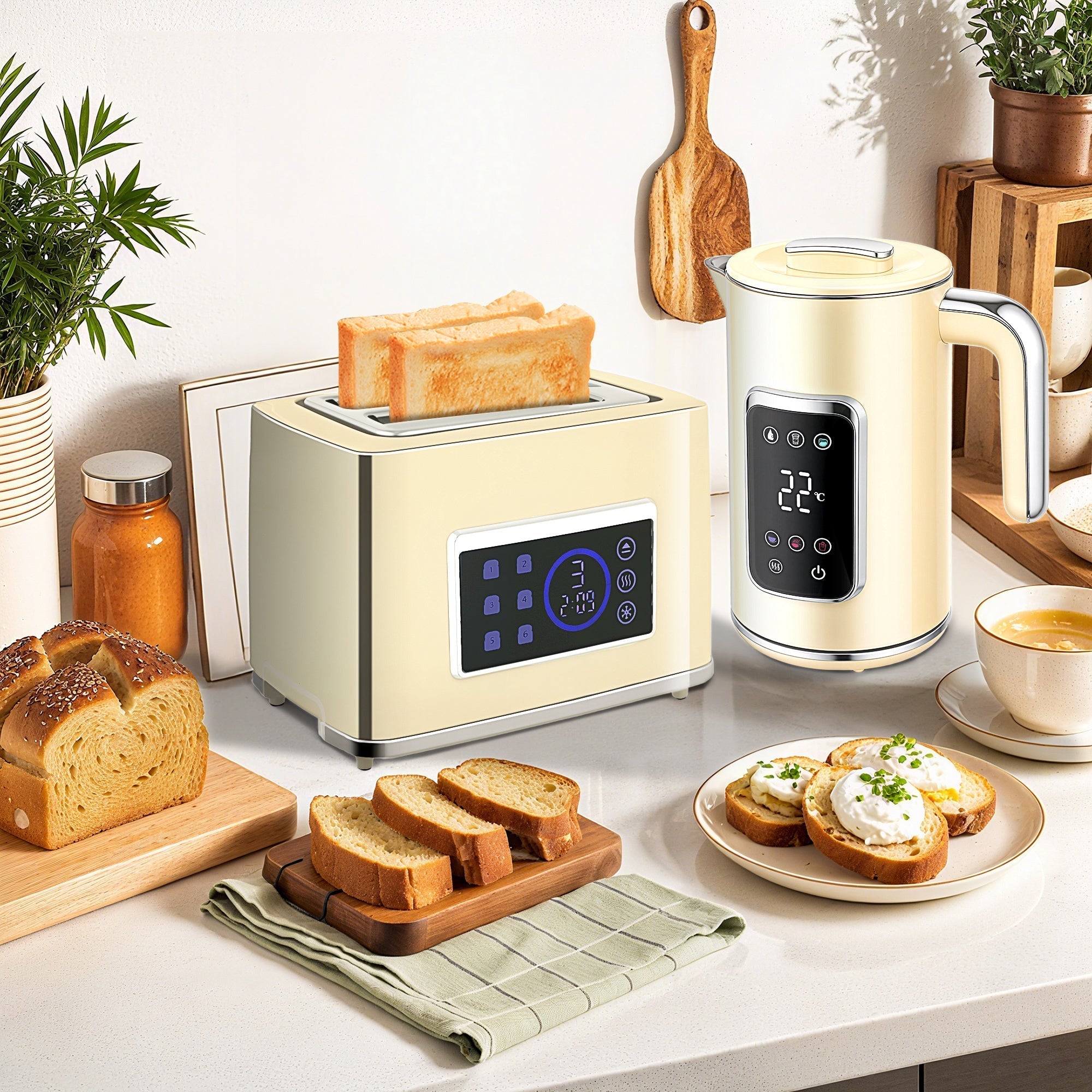 HOMCOM Touch Screen Kettle and Toaster Set - Cream