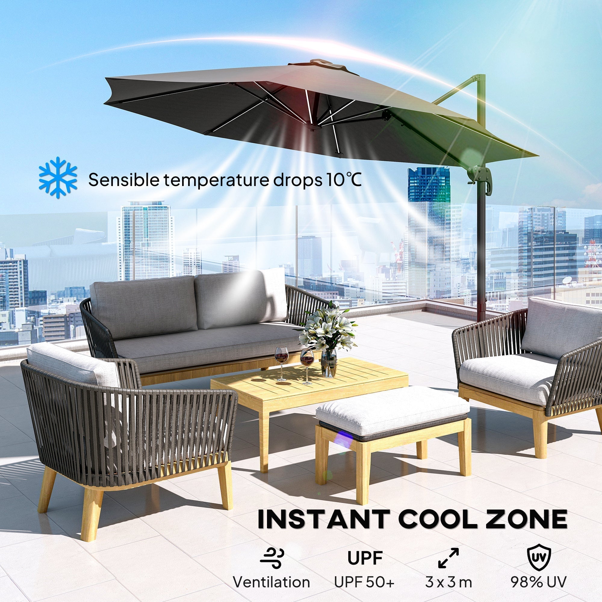 Outsunny 3(m) Adjustable Cantilever Parasol with Base, Solar LED Lights, Dark Grey