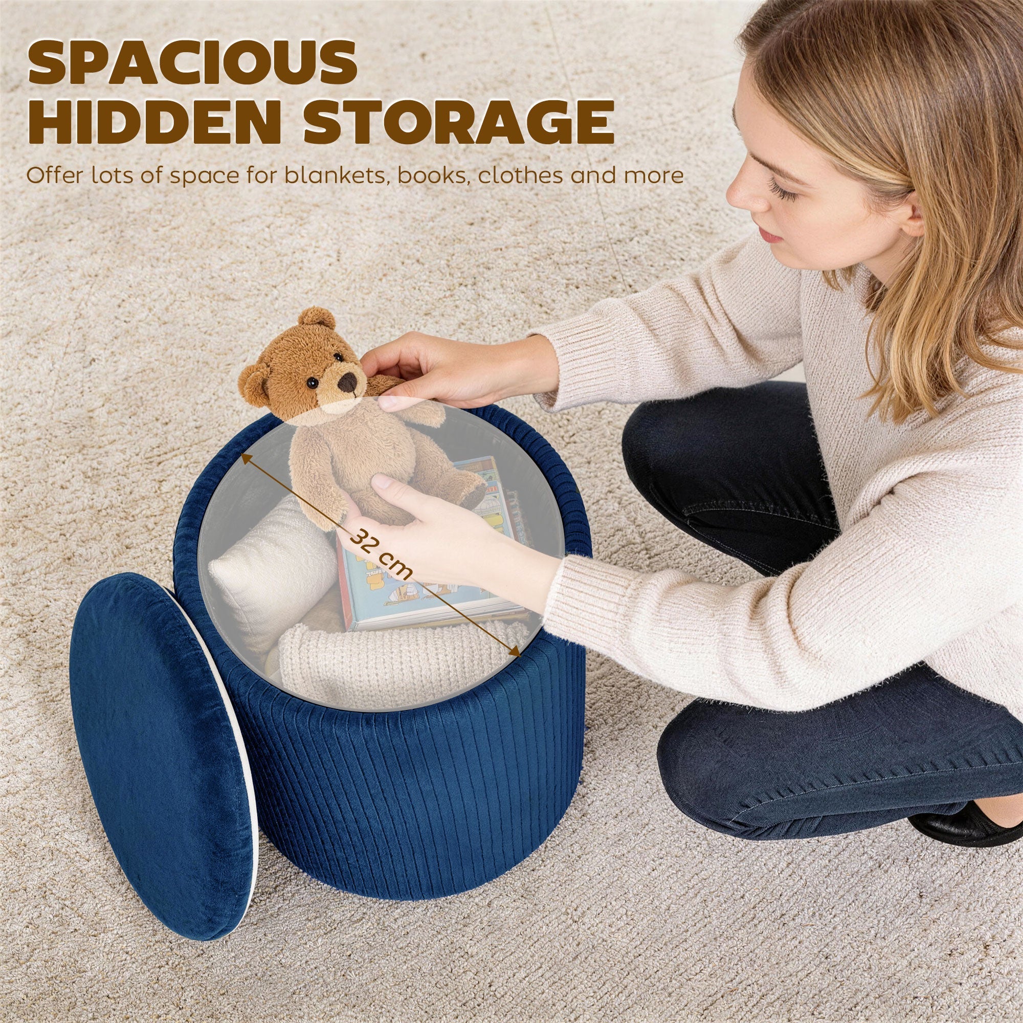 HOMCOM Storage Ottoman Modern Velvet Round Foot Stool for Living Room Bedroom 45 cm Blue