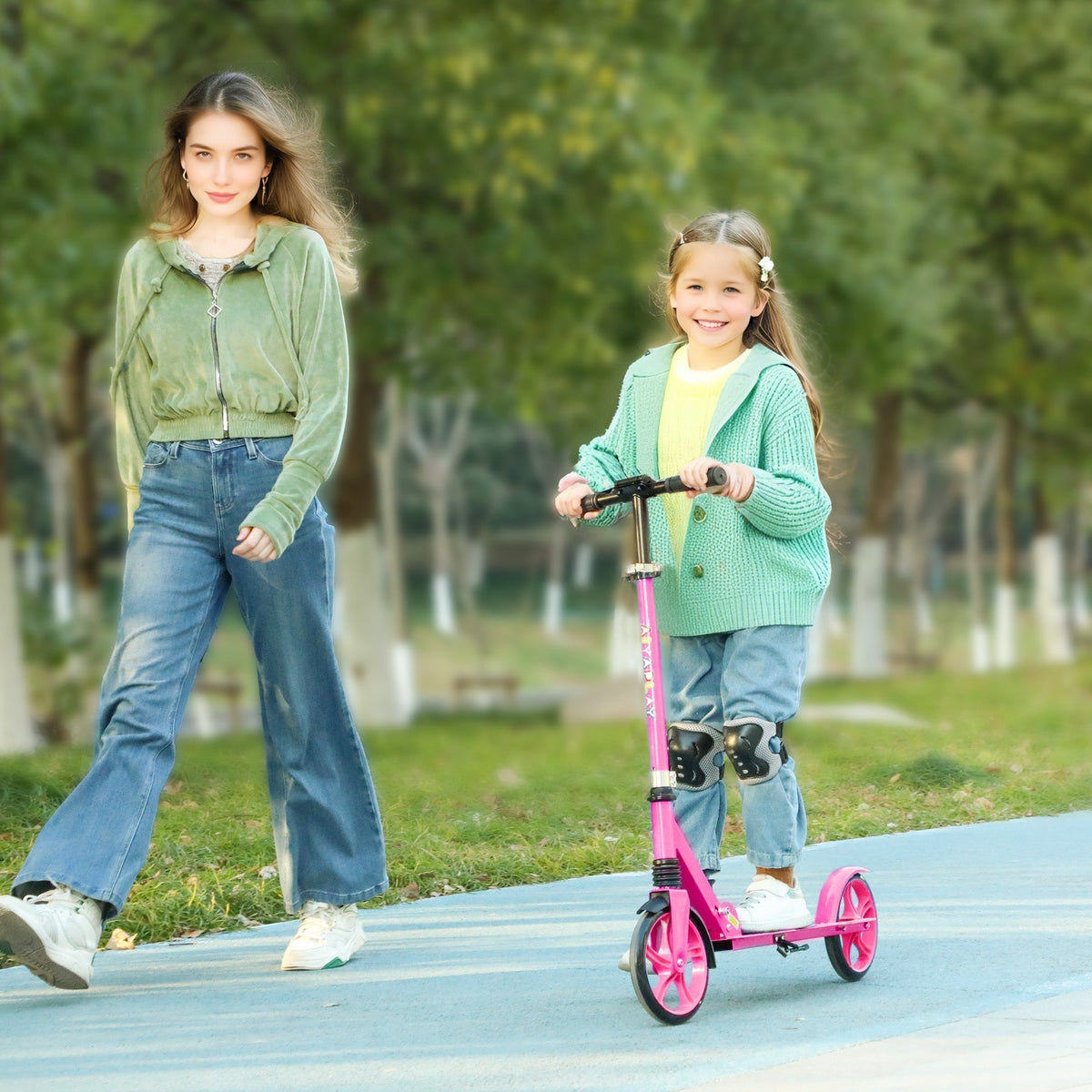 AIYAPLAY Foldable Kids Scooter with Adjustable Handlebar, 200mm Big Wheel, Rear Fender Brake, for Ages 6-12 Years, Pink