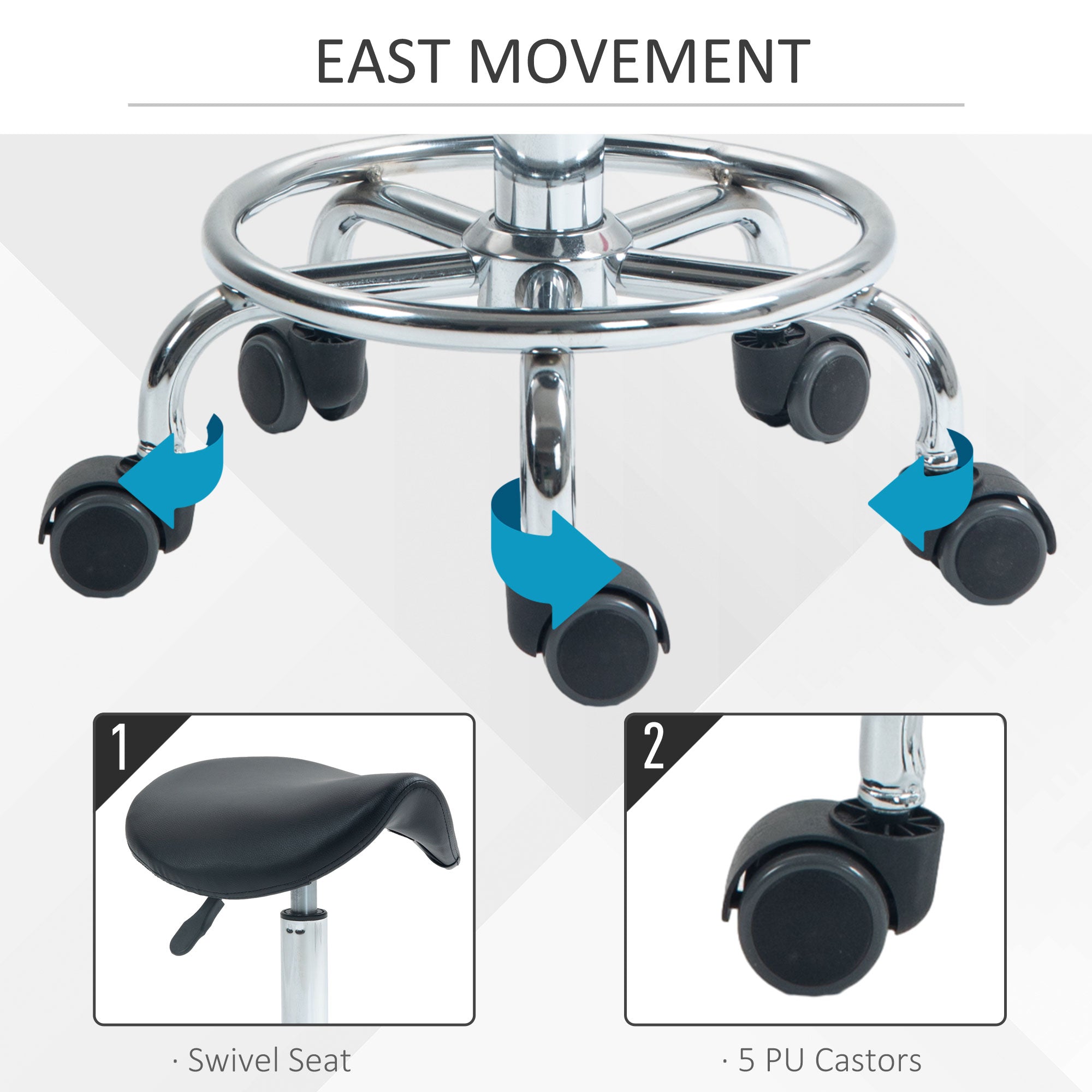 HOMCOM Salon Saddle Stool, Rolling Saddle Chair for Massage, Spa, Clinic, Beauty, Hairdressing and Tattoo, Black