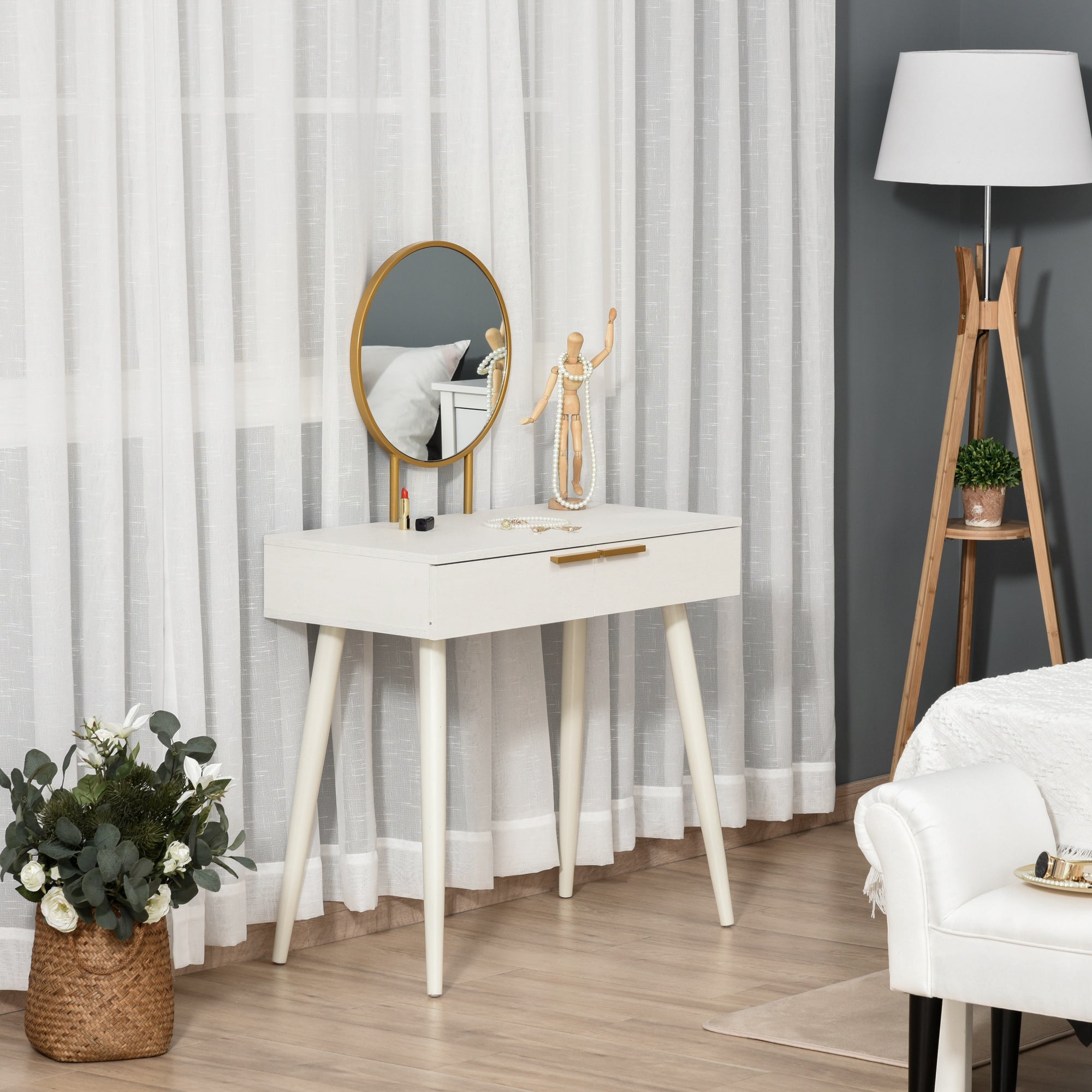 HOMCOM Elegant Dressing Table, with Round Mirror, 80 x 40 x 123 cm - White