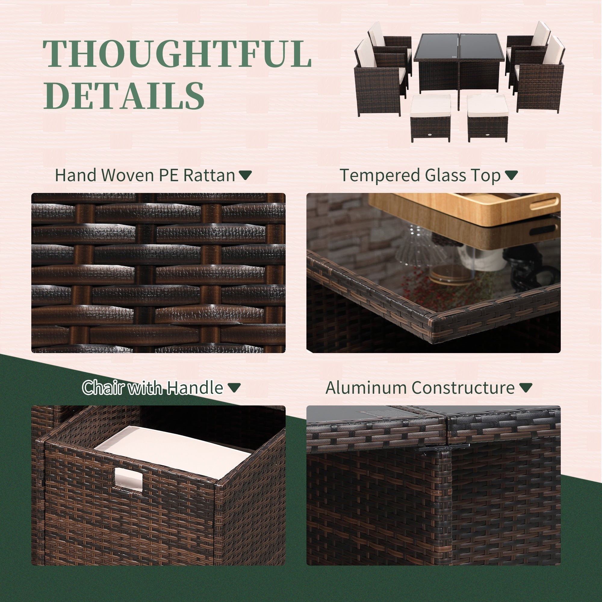 Outsunny 8 Seater Rattan Cube Garden Furniture Set, Rattan Dining Set with Cushions, Outdoor Dining Table and Chairs with 4 Armchairs, 4 Stools, Square Glass Top Table for Patio, Balcony, Brown