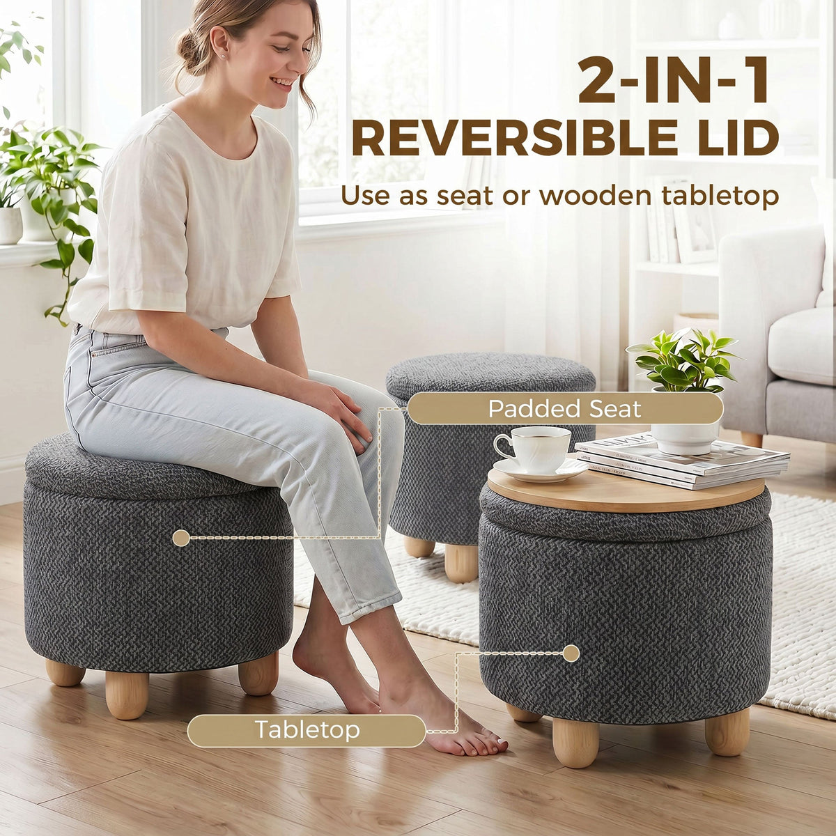 HOMCOM Storage Sitting Bench with Lid, Round Storage Ottoman with Rubberwood Legs, Dark Grey