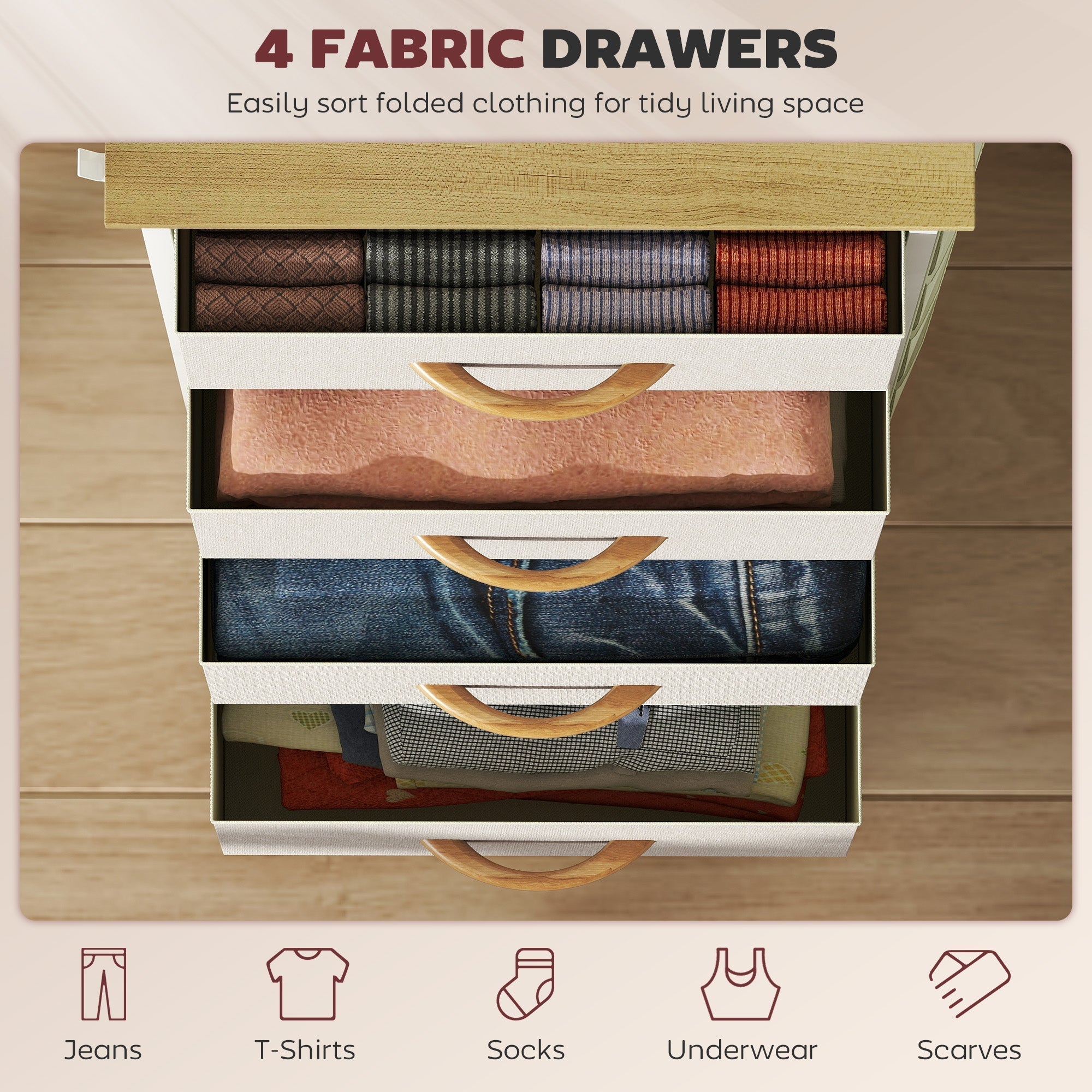 HOMCOM Chest of Four Fabric Drawers - Beige