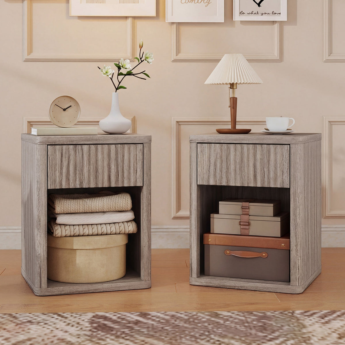 HOMCOM Modern Bedside Table Set of 2, Bedside Cabinet with Drawer and Open Shelf, Side End Table, Nightstand for Bedroom, Oak