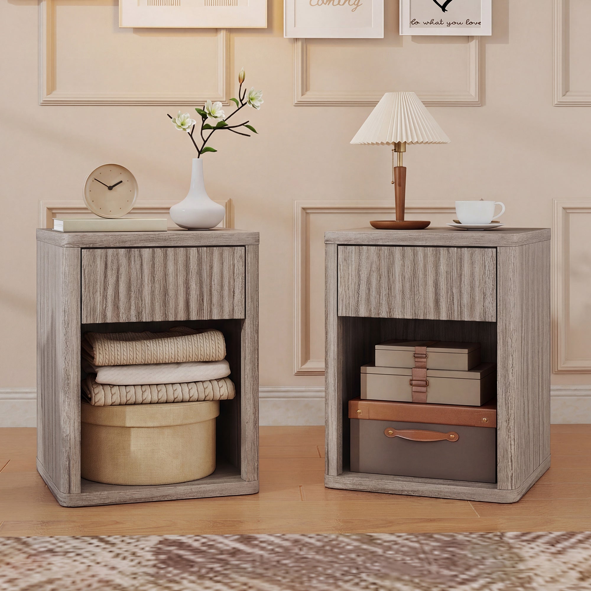 HOMCOM Modern Bedside Table Set of 2, Bedside Cabinet with Drawer and Open Shelf, Side End Table, Nightstand for Bedroom, Oak