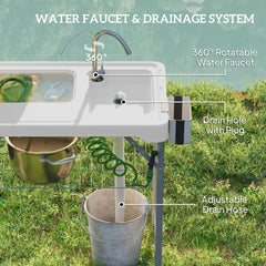 Outsunny Folding Fish Cleaning Table with Sinks, Portable Camping Sink Table with Faucet, Drainage Hose