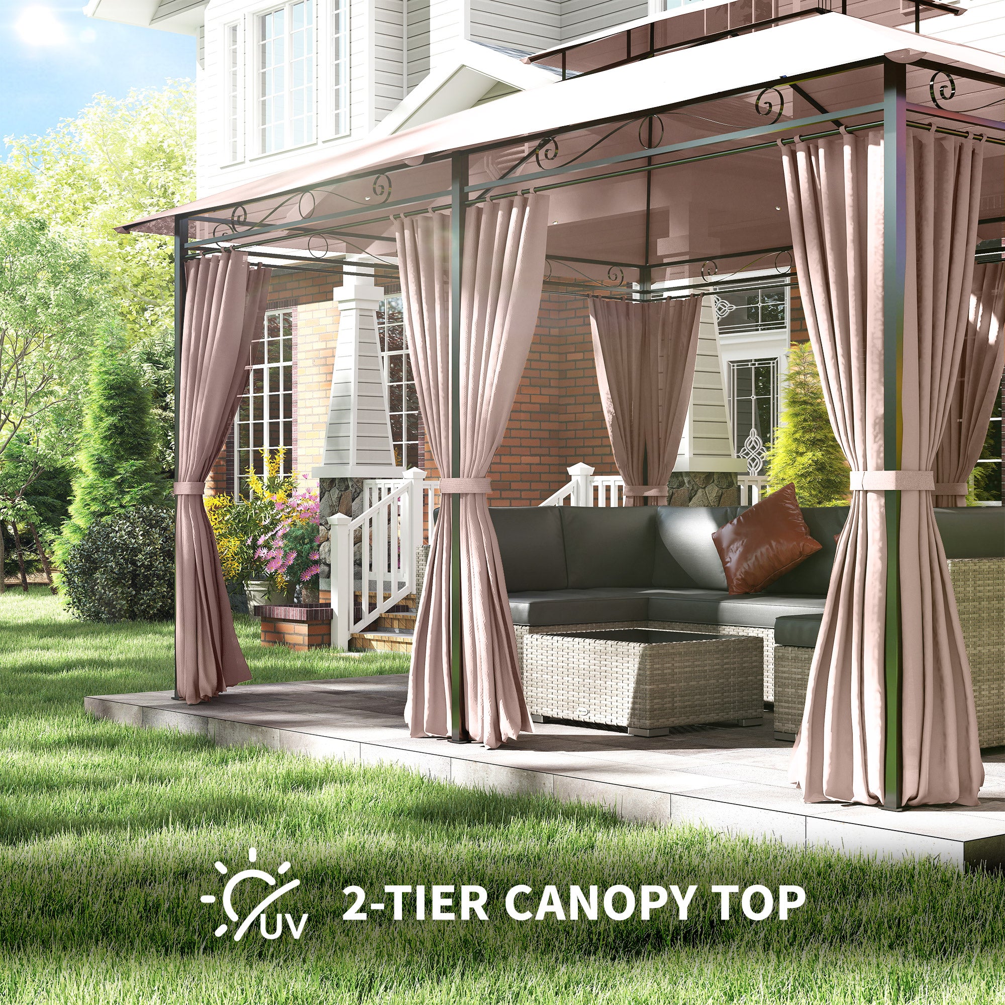 Outsunny 4m x 3(m)Garden Gazebo, Double Roof Outdoor Gazebo Canopy Shelter with Curtains, Solid Steel Frame for Patio, Garden, Brown