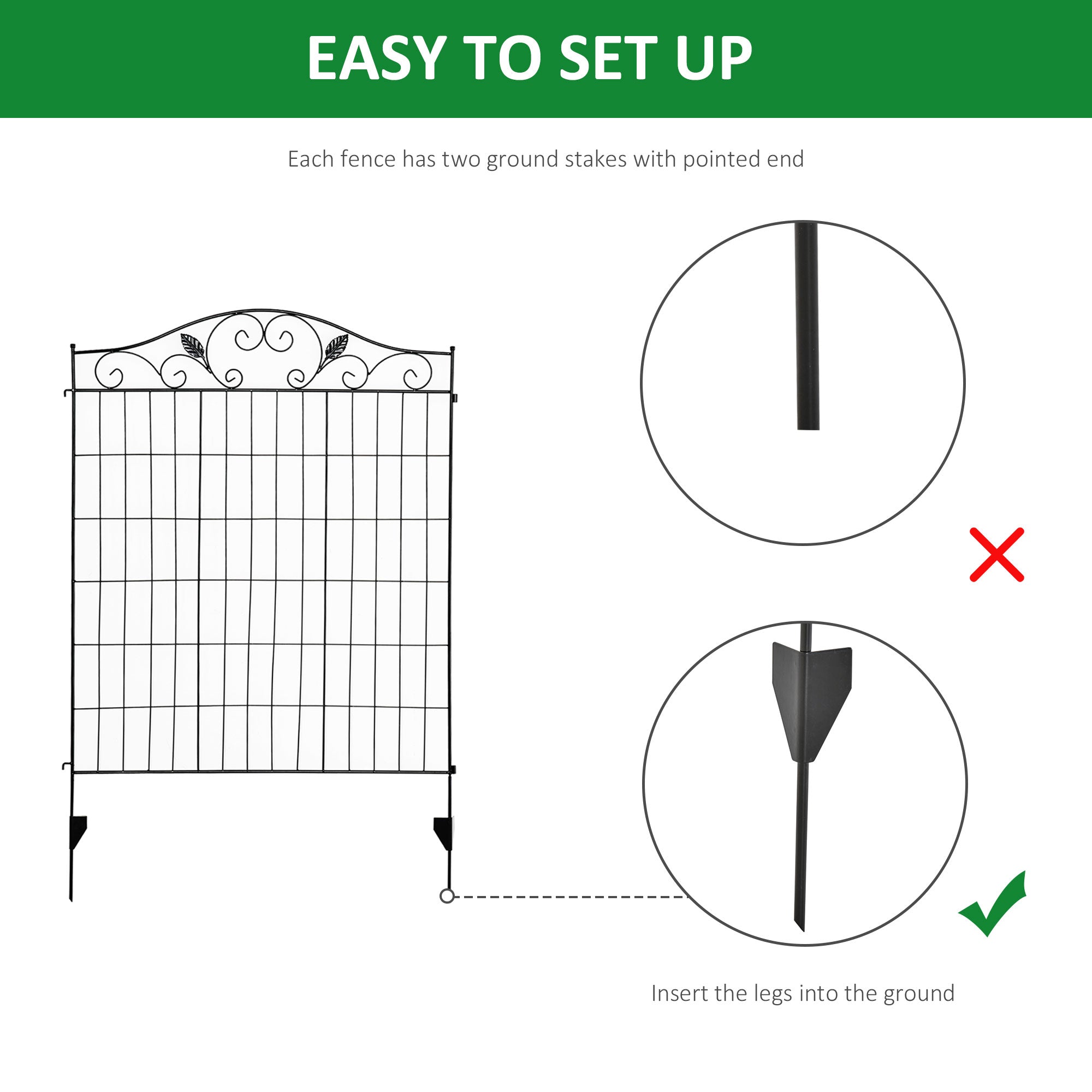 Outsunny Set of 2 Decorative Garden Fence, 8 Panels Metal Picket Fence, Versatile Shapes for Patio Lawn, 365cm x 112cm, Black