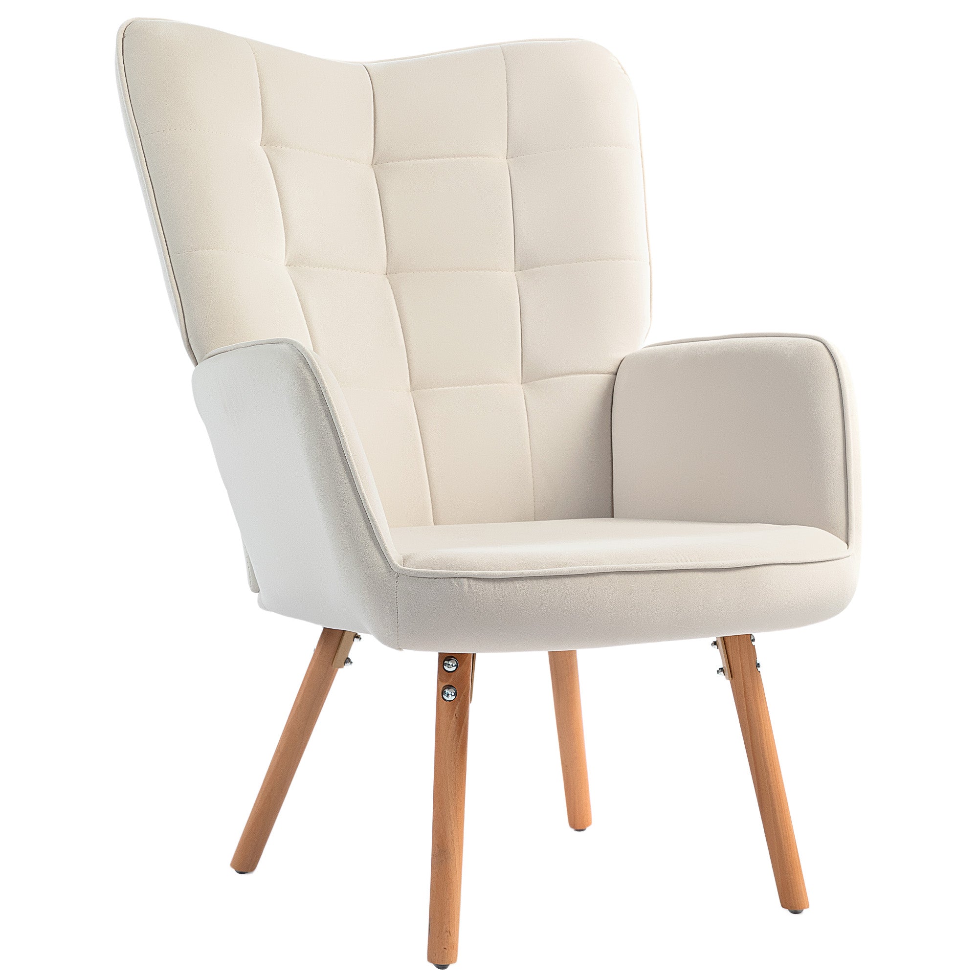 HOMCOM Modern Accent Chair, Upholstered Tufted Wingback Armchair with Seat Padding, Velvet Leisure Lounge Bedroom Chair with Wood Legs, Cream White