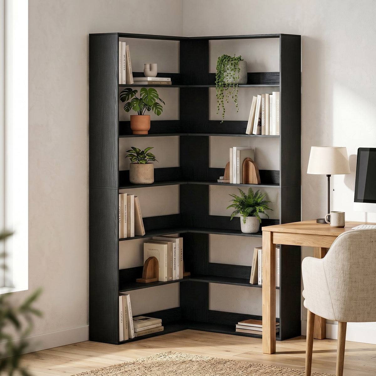 HOMCOM 7 Tiers Bookshelf, L-Shaped Corner Bookcase with Anti-Slip Rear Guard, Black Wood Effect