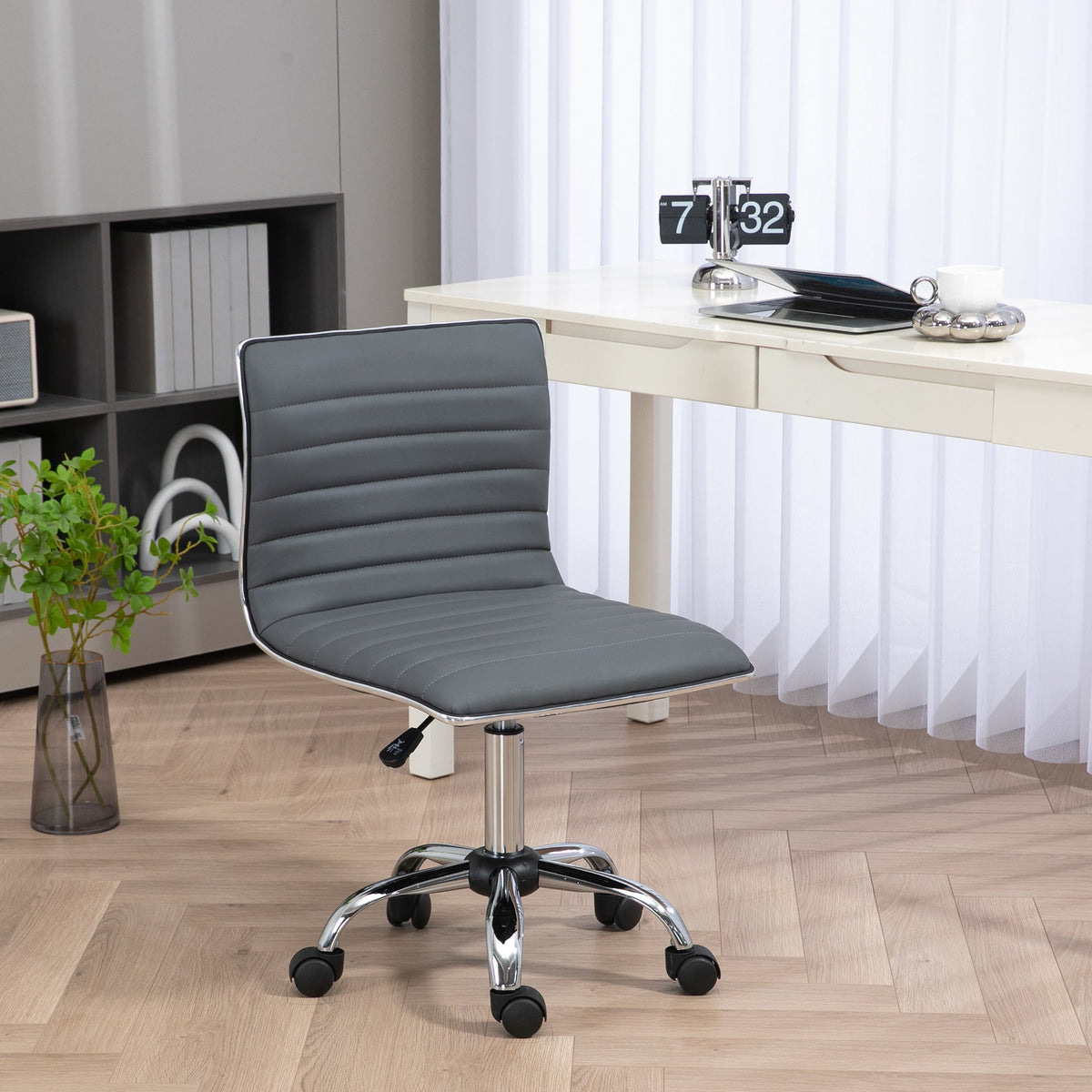 HOMCOM Armless Task Desk Chair, Swivel Office Chair with Faux Leather, Adjustable Seat Height, Chrome Base, Wheels for Home, Dark Grey