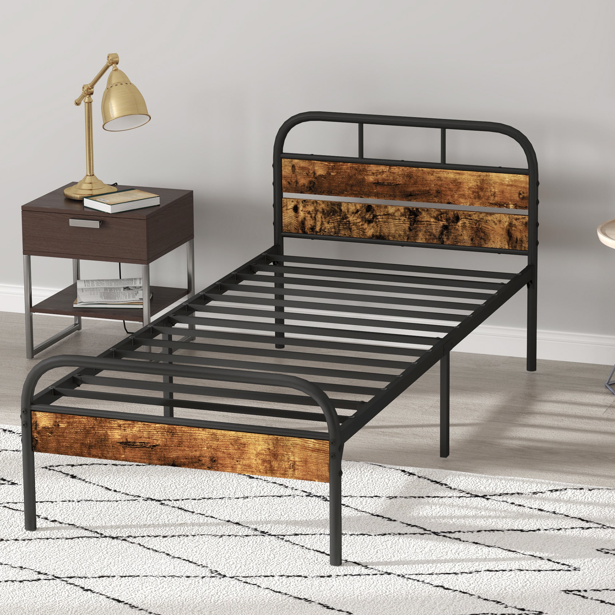 HOMCOM Industrial-Style Single Bed Frame - Black/Brown