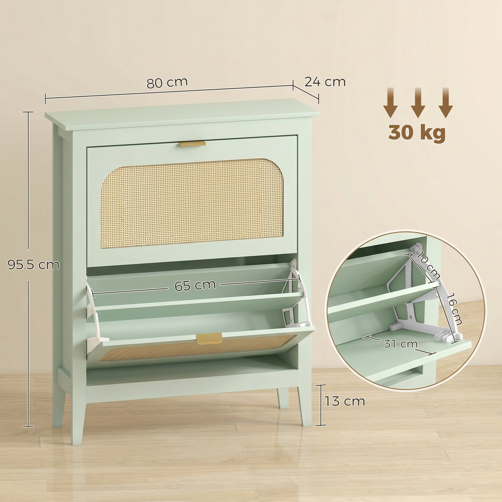 HOMCOM Narrow Shoe Cabinet, Boho Slim Shoe Storage Cabinet with 2 Flip Drawers, Holds 14 Pairs, Light Green