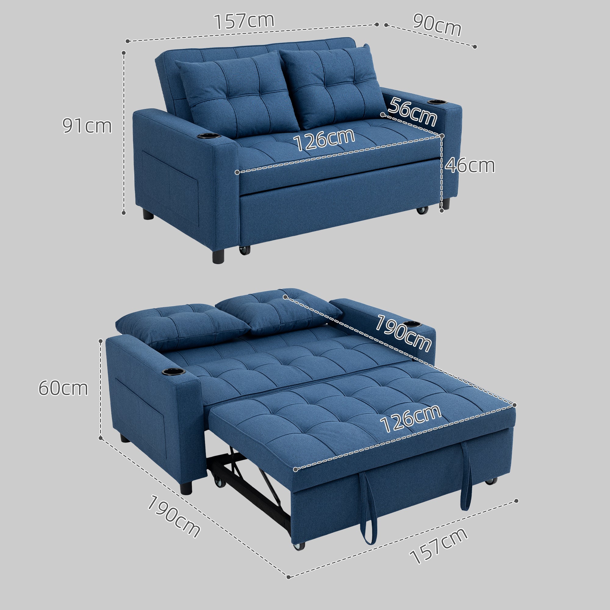 HOMCOM Two-Seater Pull-Out Sofa Bed - Dark Blue