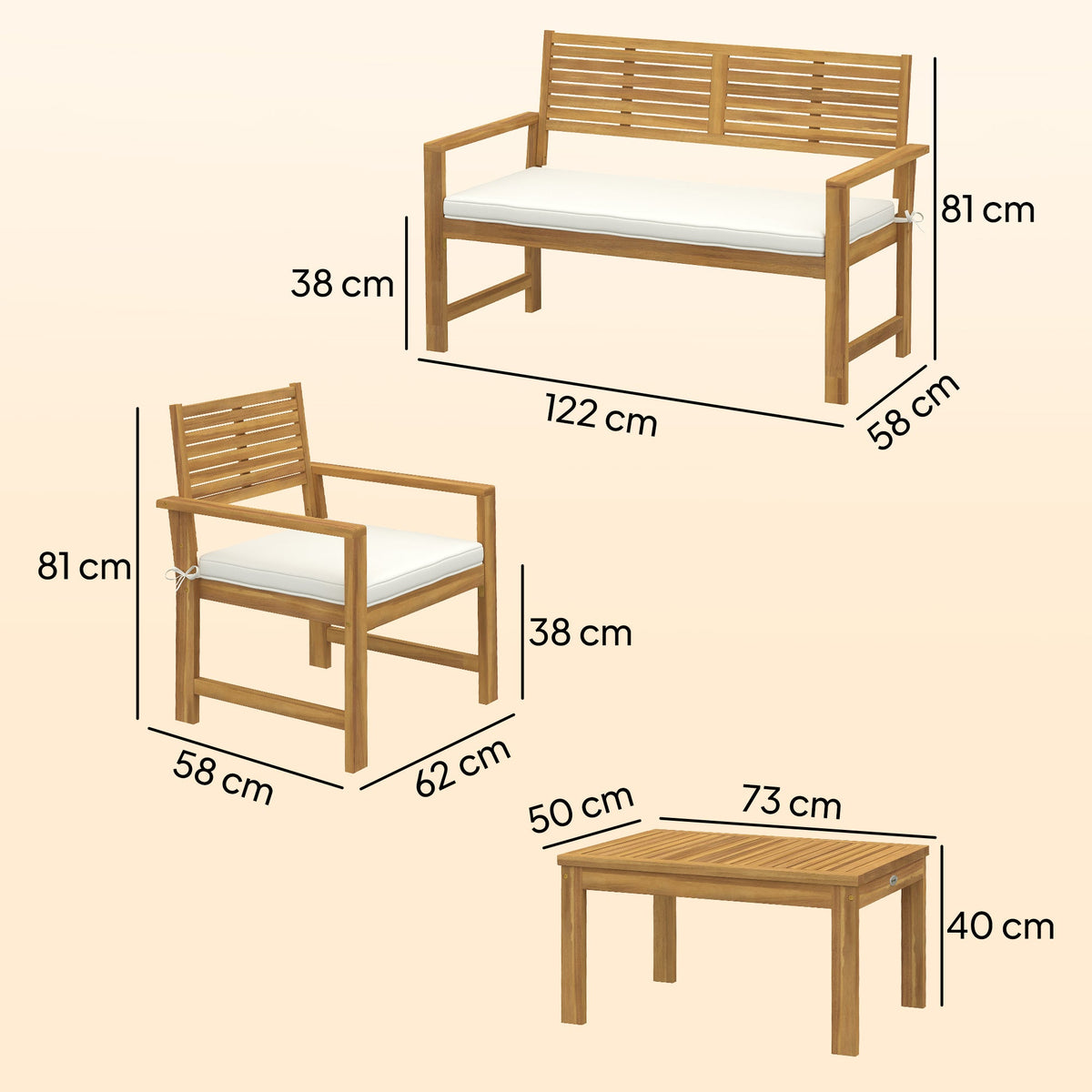 Outsunny 4 Seater Wooden Garden Furniture Set with Loveseat, Armchairs, Table, Acacia Wood Garden Sofa Set, Cream White
