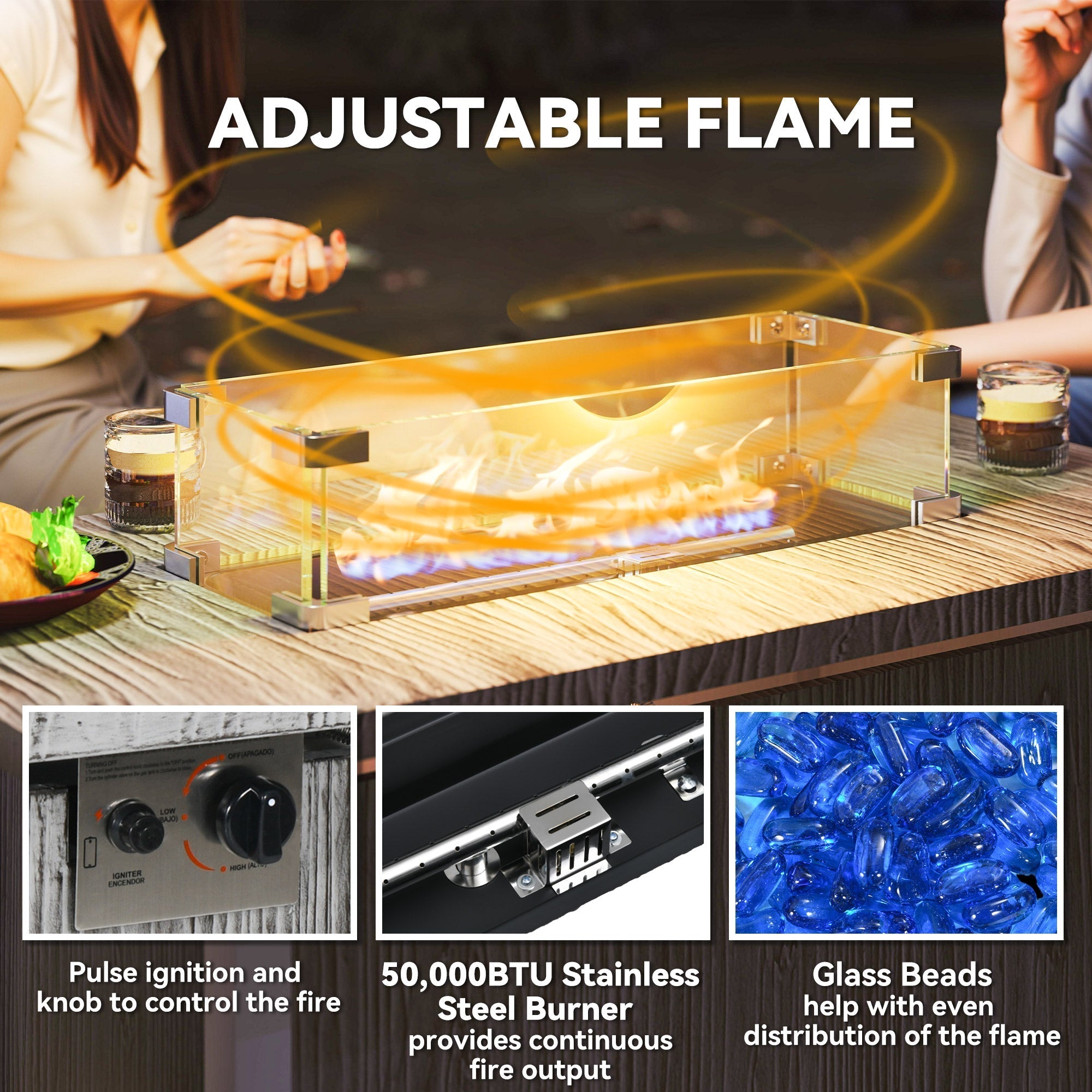 Outsunny 50,000 BTU Gas Fire Pit Table with Cover and Glass Screen - Dark Grey