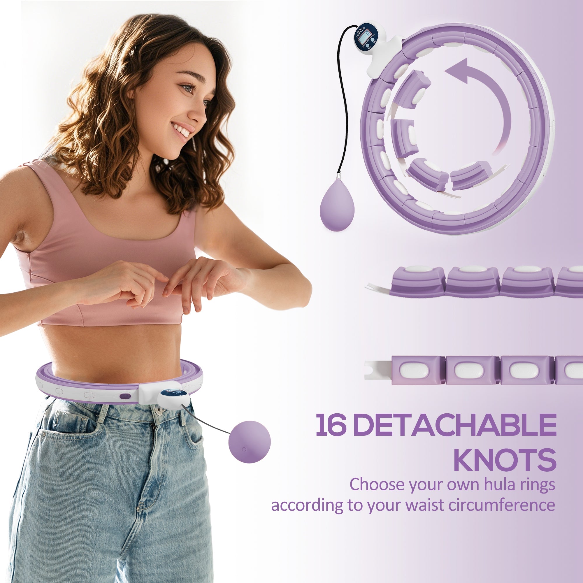 SPORTNOW Smart Weighted Hula Hoop, Massage Hula Ring w/ 16 Detachable Knots, 360√Ç¬∞ Auto-Rotating Ball, Digital Counter, Purple