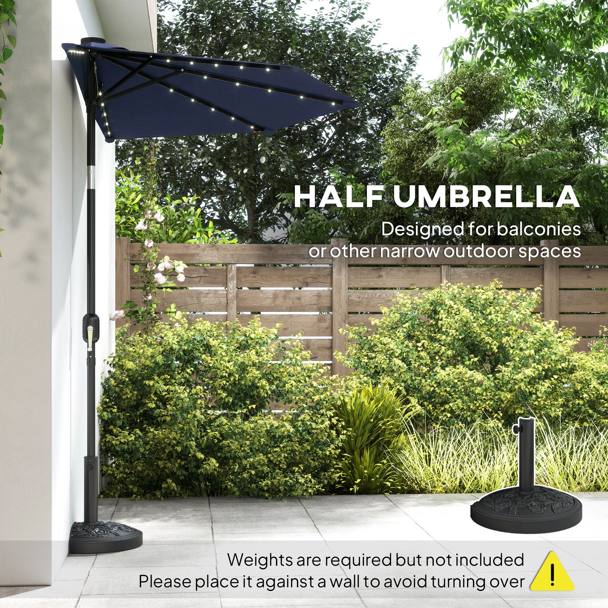 Outsunny 2.6 m Half Garden Parasol with Solar LED Lights, UPF50+ Semi Round Umbrella with 30Â° Tilt, Crank Handle, Dark Blue