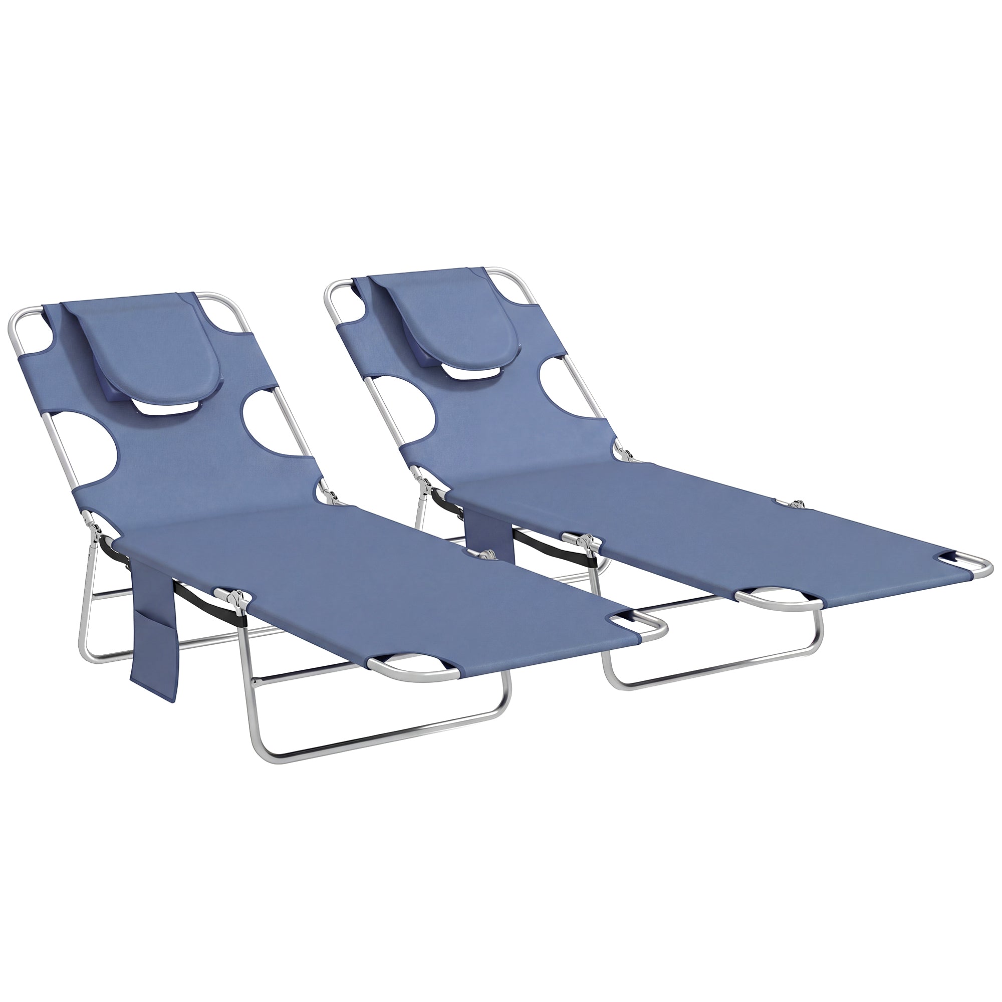 Outsunny 5-Position Adjustable Sun Loungers Set of 2 with Reading Hole and Side Pocket, Grey