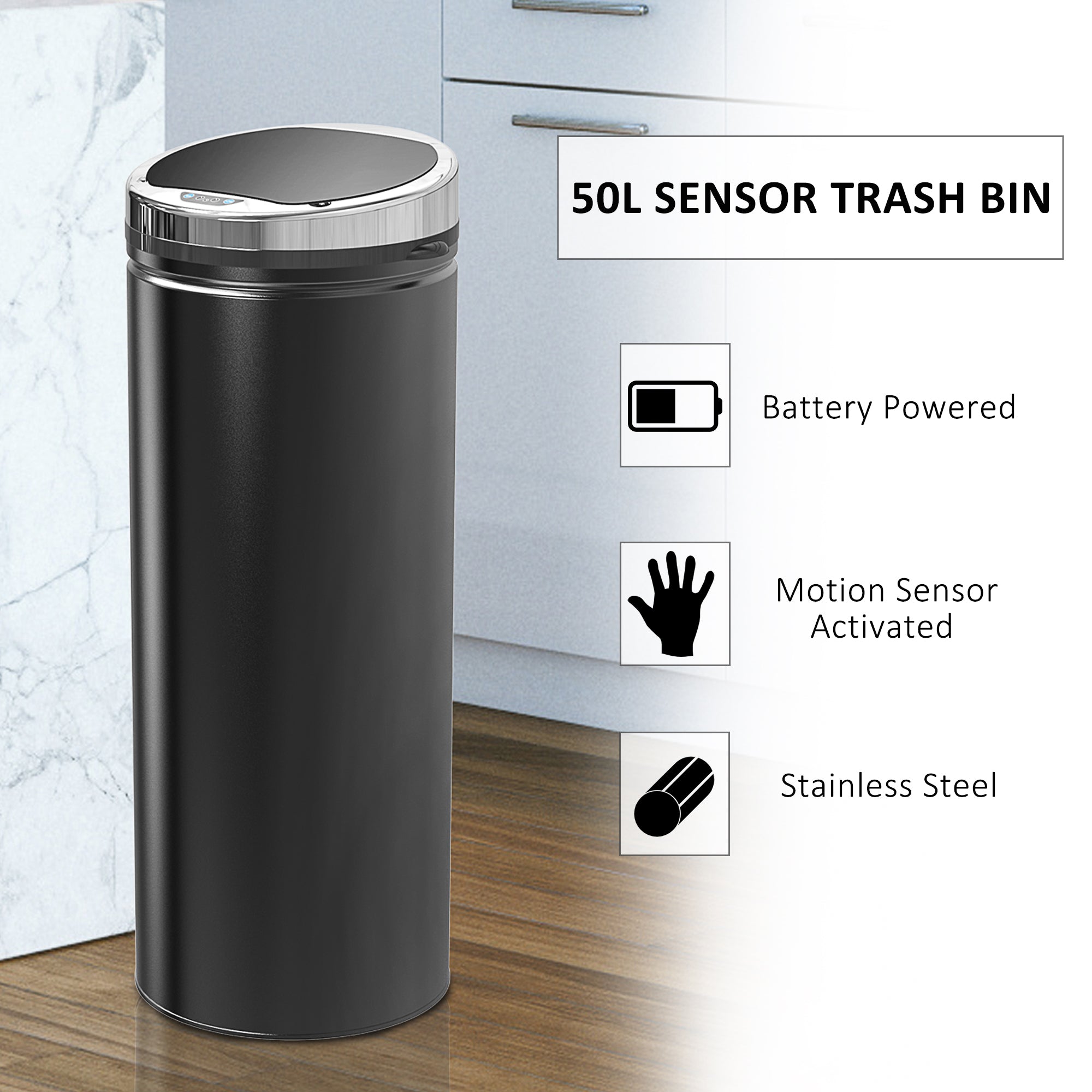 HOMCOM 50L Sensor Bin with Quiet Soft-Close Lid, Automatic Touchless Motion Sensor Rubbish Bin with Fingerprint Resistant, Stainless Steel for Hygienic Kitchen, Home Office Use, Black