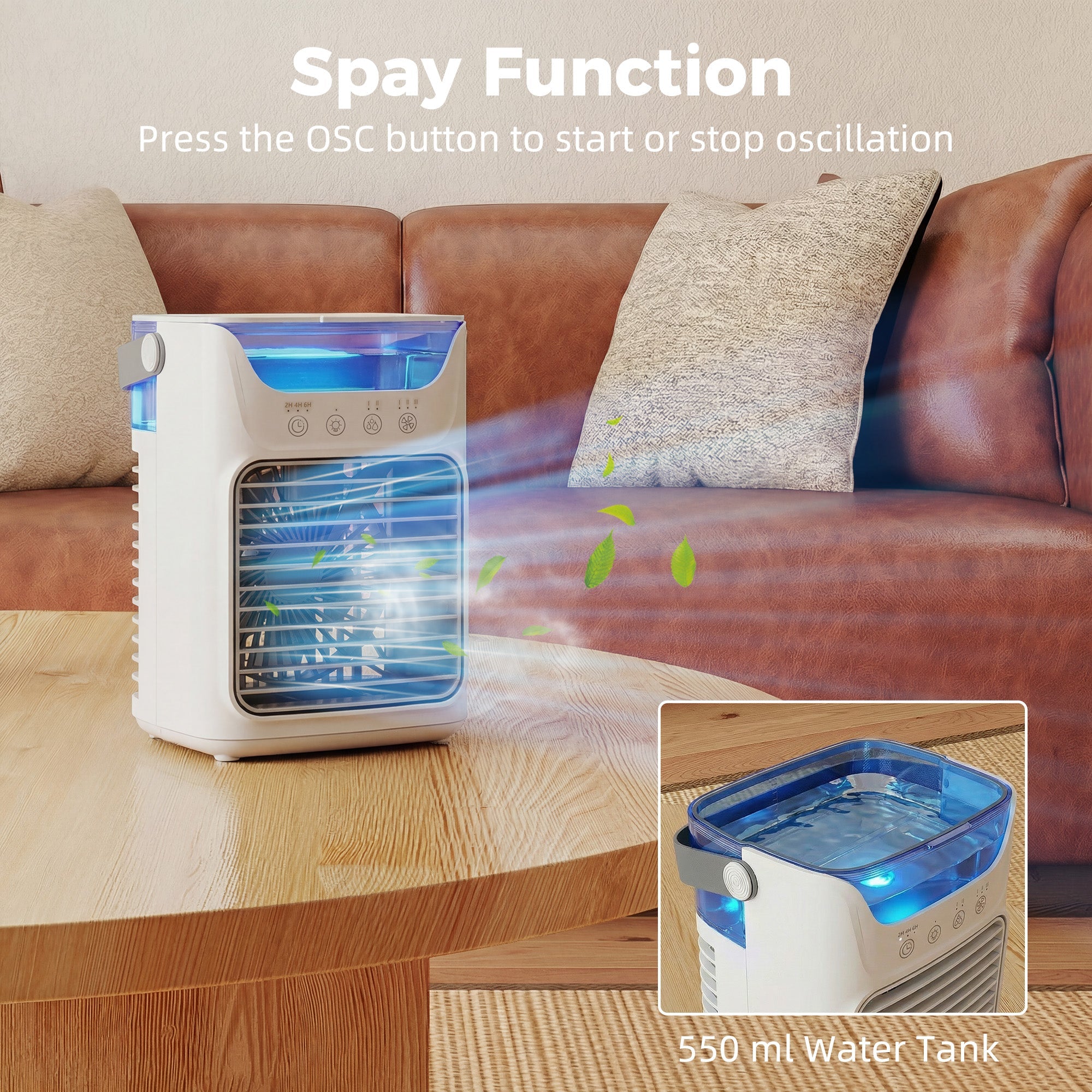 HOMCOM Air Cooler with Adjustable Head, Portable Air Conditioner with 3 Wind Speed, 2 Cool Mist, RGB Light, Grey