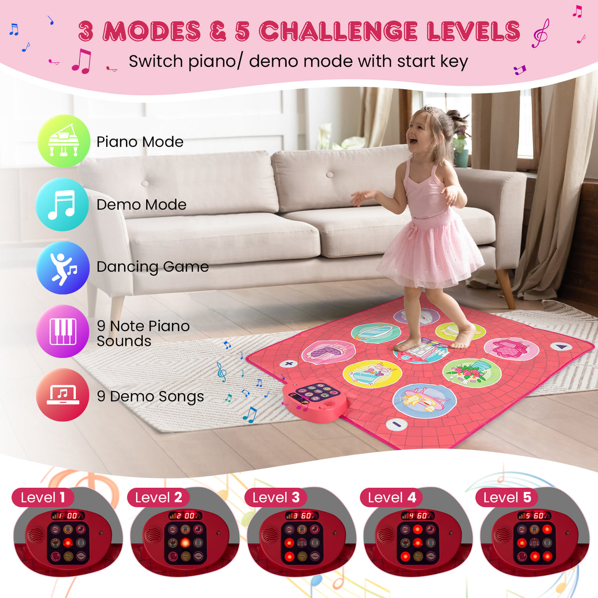 Dance Pad Game Toy with 5 Levels and 9 Keyboard Sounds for 3+ Kids