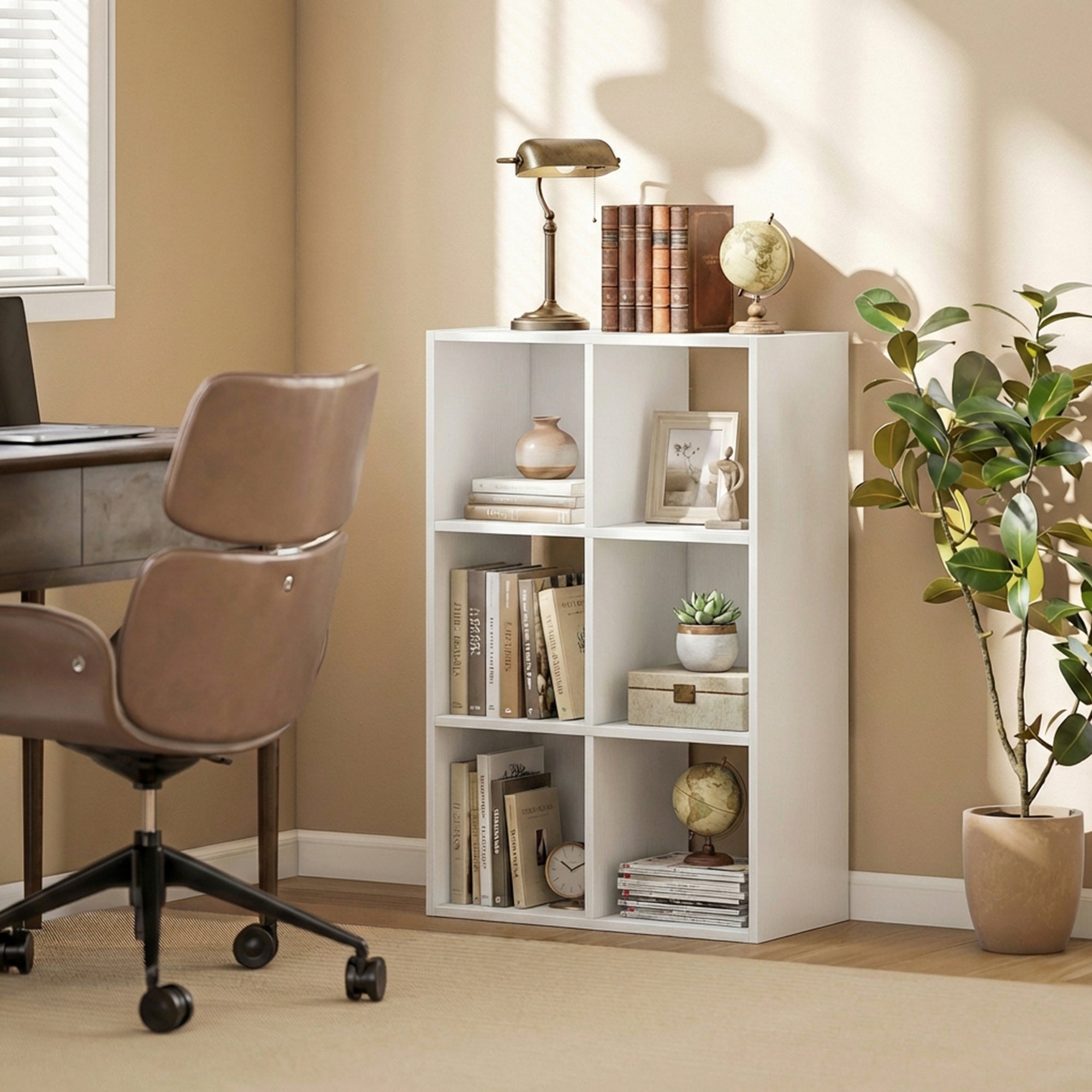 HOMCOM Industrial Style Storage Shelf, Bookcase, Bookshelf with 6 Compartments, for Living Room, Home Study, White Wood Effect