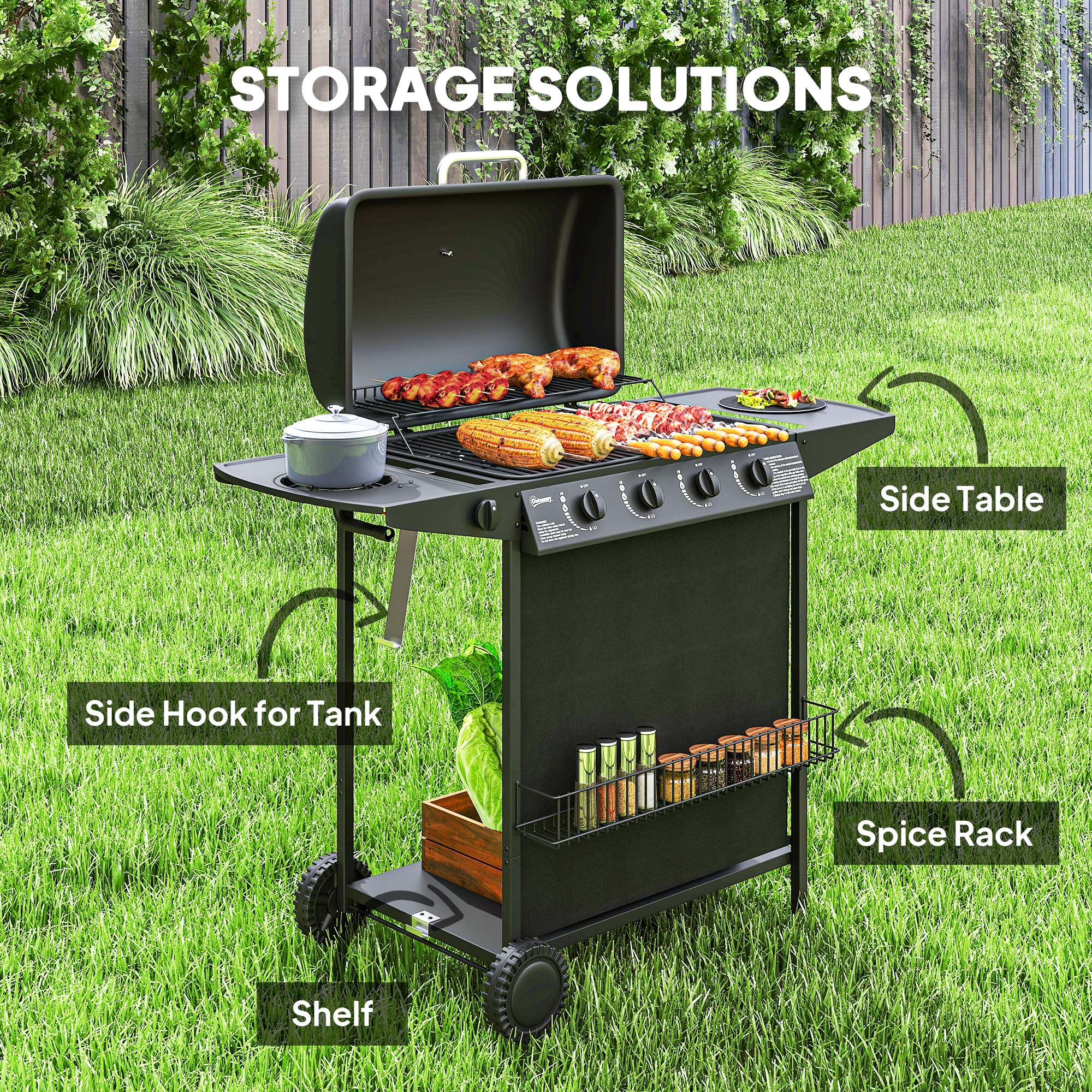 Outsunny 4+1 Burner Gas BBQ Grill, Portable Gas Barbecue Grill with Built-in Thermometer, Lid, Side Table, Shelf, Spice Rack, Wheels, Grease Cup for Garden Party Outdoor Cooking, Black