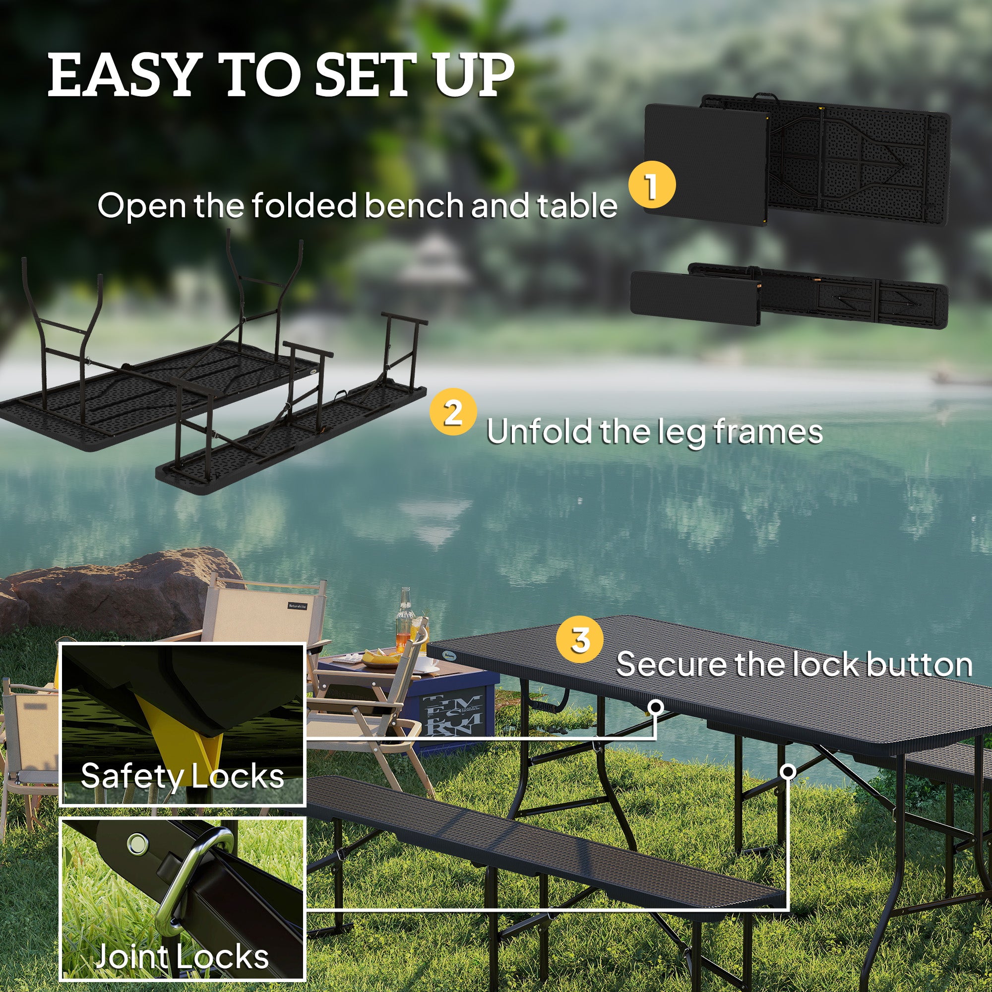 Outsunny Folding Picnic Table and Bench Set, Rattan Effect Portable Camping Table and Chairs with Carrying Handles for Indoor Outdoor, Dining, Camping, Picnic, BBQ, Party, Black