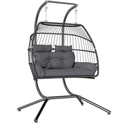Outsunny Rattan Double Hanging Egg Chair with Stand, Foldable Wicker Swing Egg Chair with Cushion, Head Pillows, Steel Frame, Hammock Chair for Indoor Outdoor, Capacity 260 kg, Dark Grey
