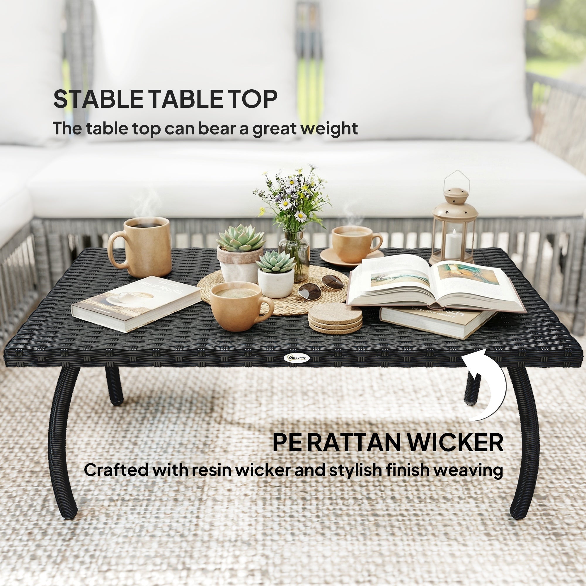 Outsunny PE Wicker Rattan Garden Coffee Table - Black