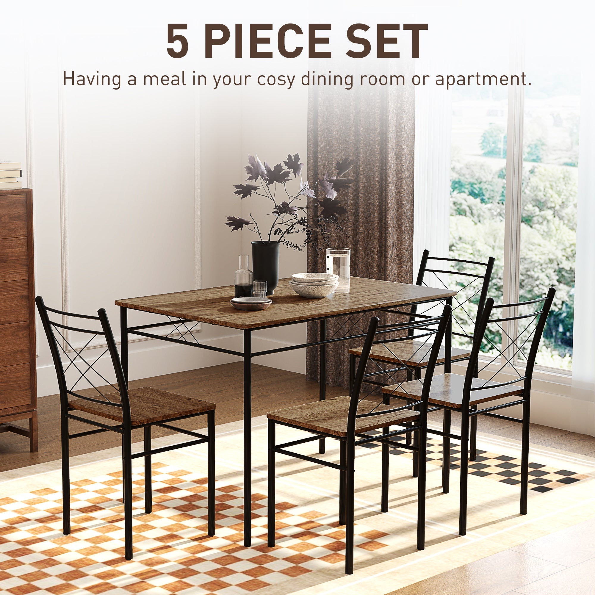 HOMCOM Five-Piece Minimal Dining Set - Oak-Effect/Black