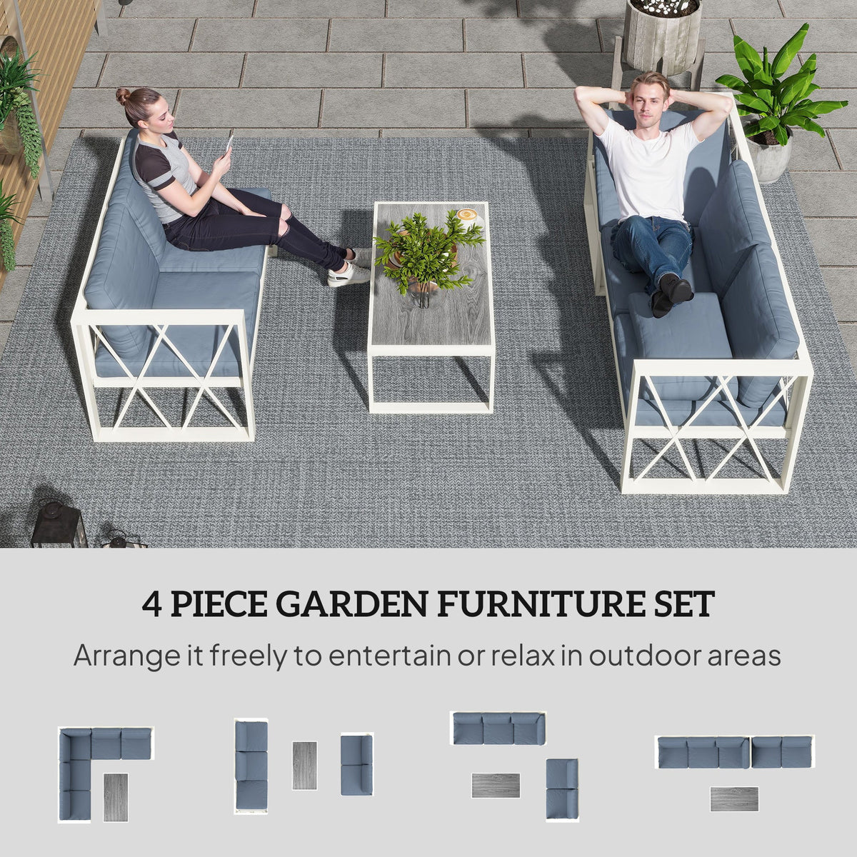 Outsunny Four-Piece L Shaped Garden Furniture Set with 5-Level Adjustable Lounger - Grey