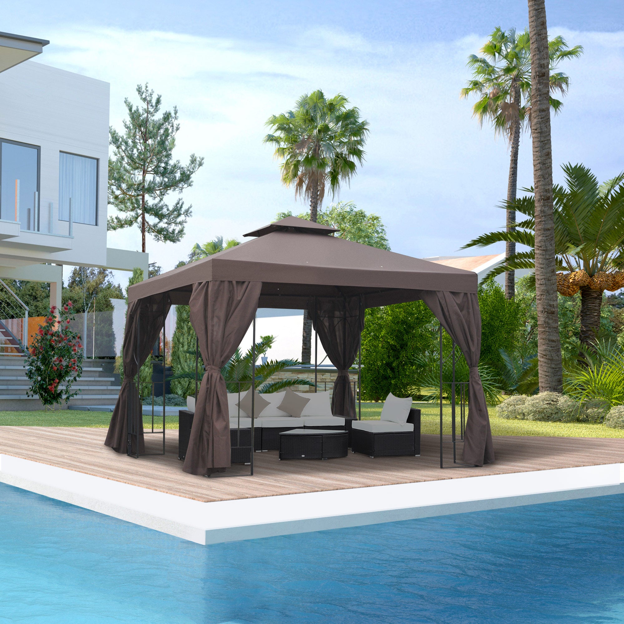 Outsunny 3 x 3 m Garden Gazebo Double√Ç Roof Marquee Patio Wedding Party Tent Canopy Shelter with Sidewalls (Brown)