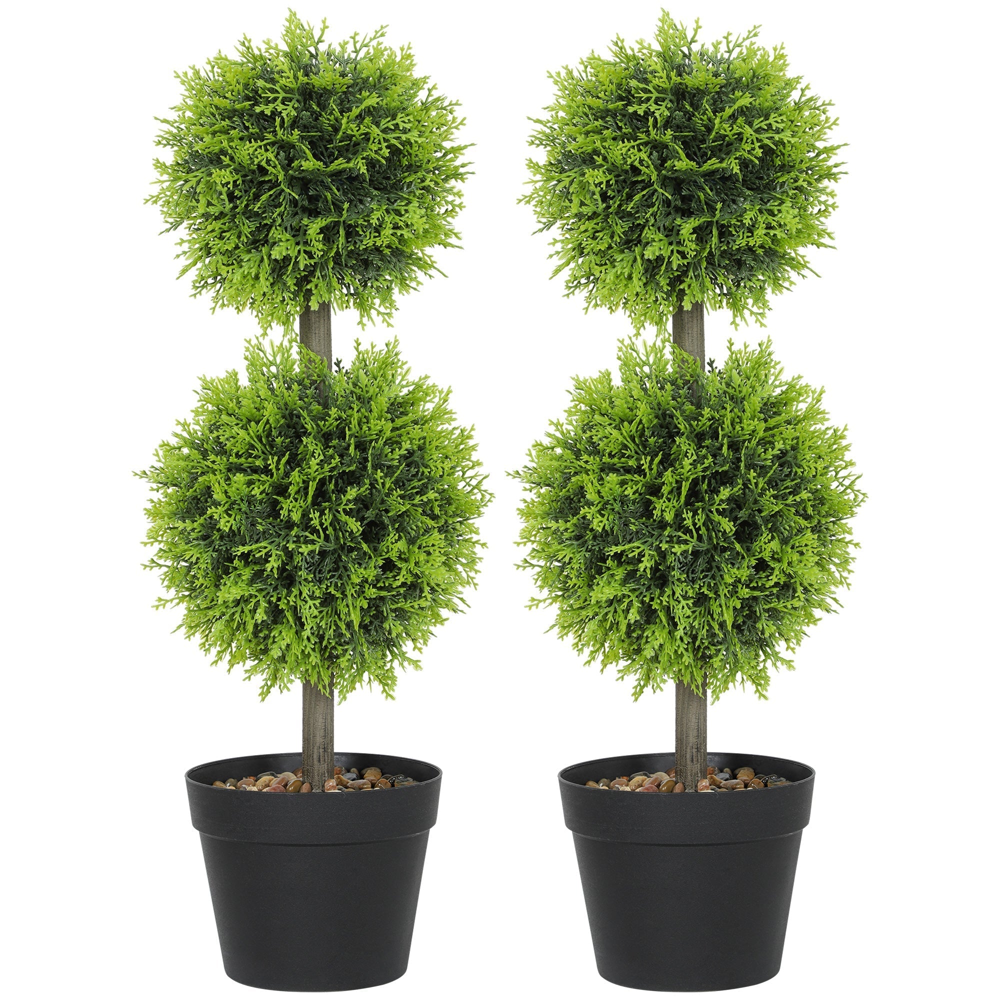 HOMCOM Set of 2 Decorative Artificial Plants, 60cm Faux Topiary Cypress Ball Trees with Plastic Pot and Pebbles, Fake Plants for Home Office Decor, Green