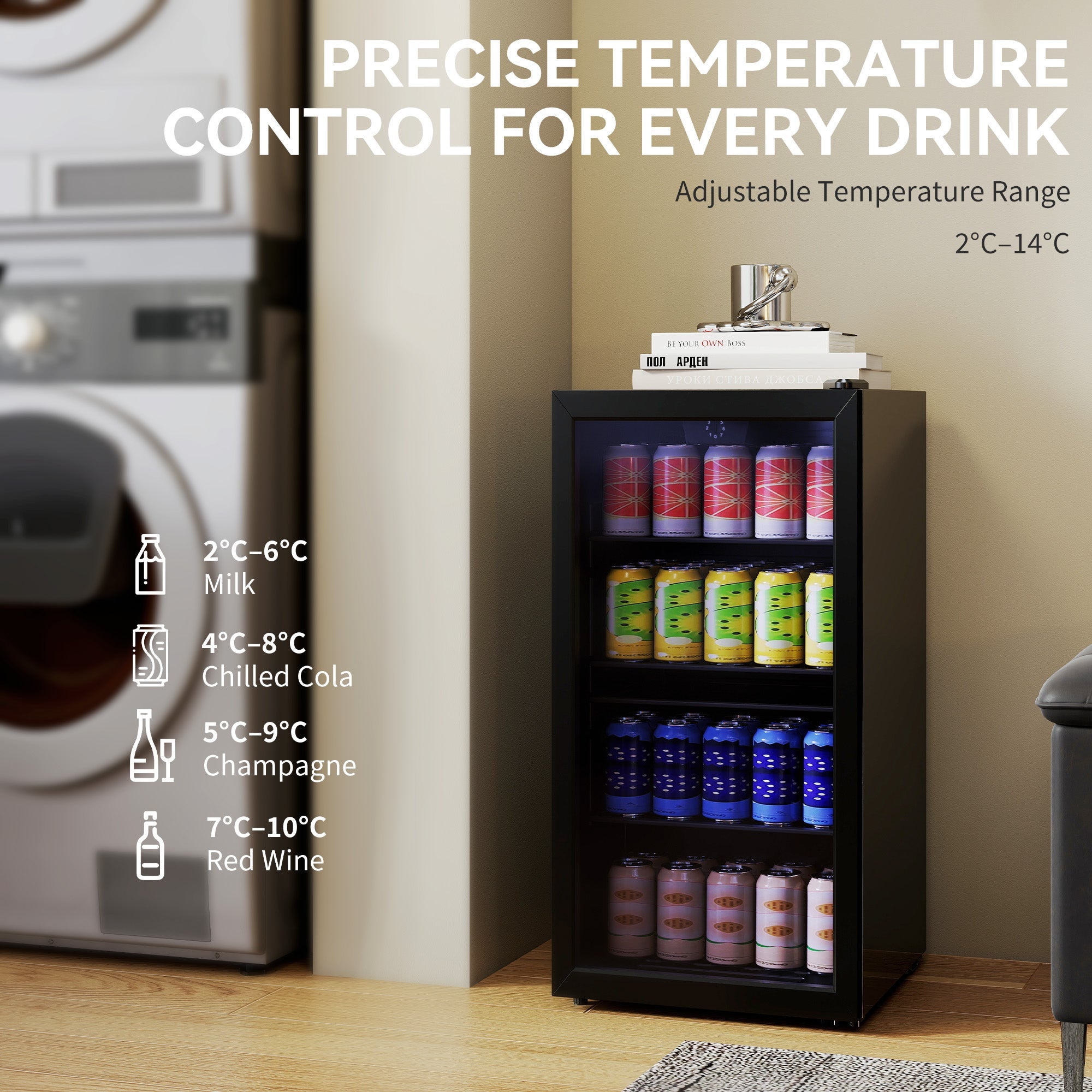 HOMCOM 93L Drinks Fridge, 115 Can Freestanding Beer Fridge with Glass Door, Adjustable Shelves, LED Light, for Beer Soda, Black