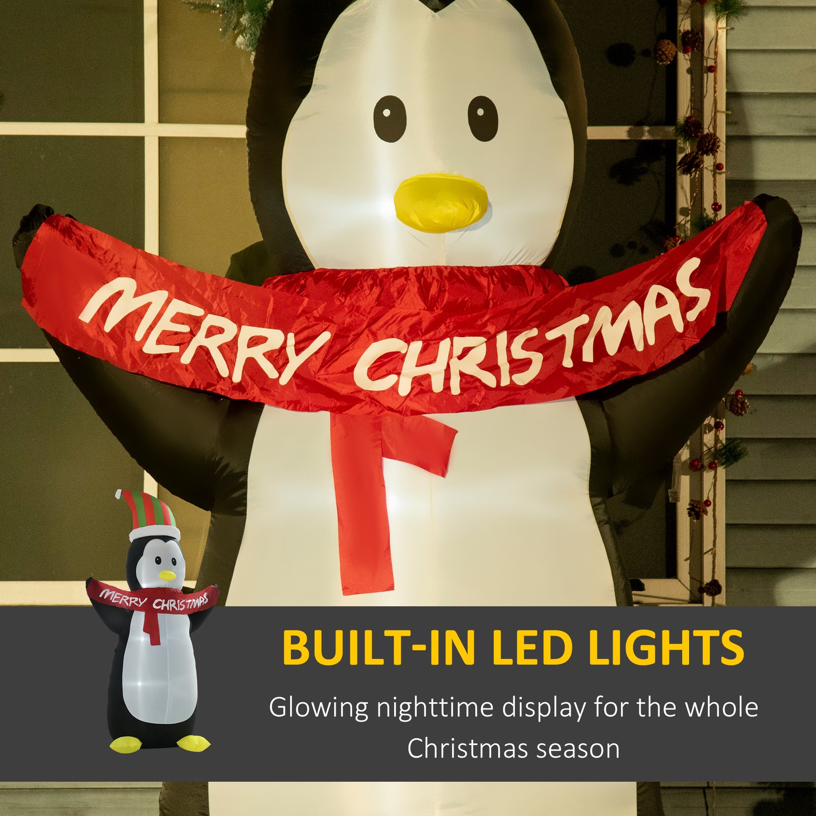 HOMCOM 8ft Inflatable Penguin & Christmas Banner Decoration Indoor Outdoor Weather-Resistant Shell Fun Cute