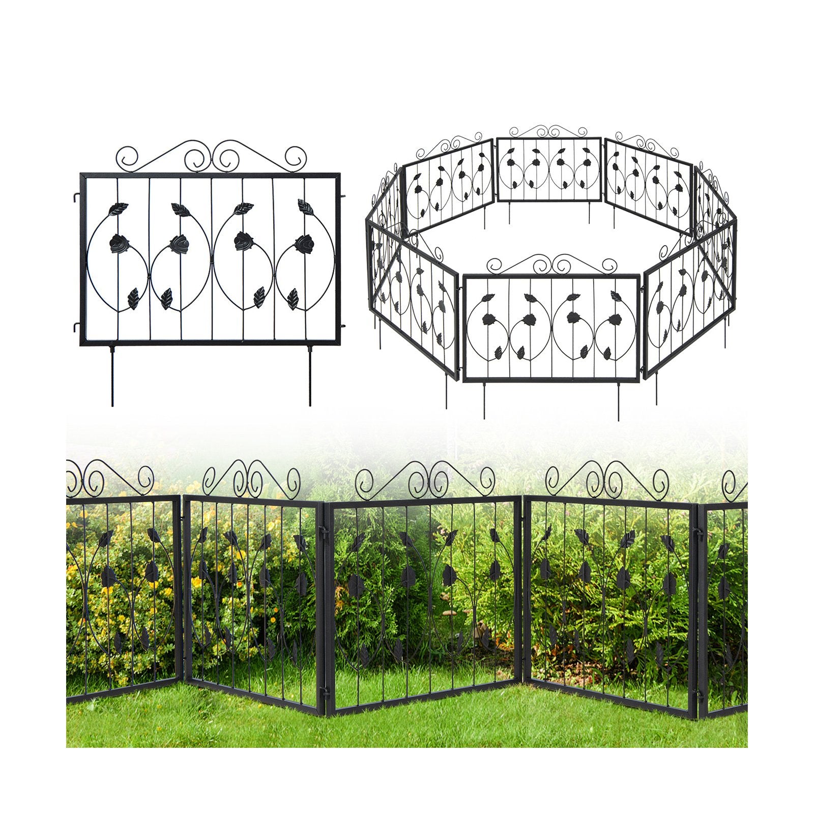 464 x 58 cm Decorative Garden Fence with 8 Panels-Black