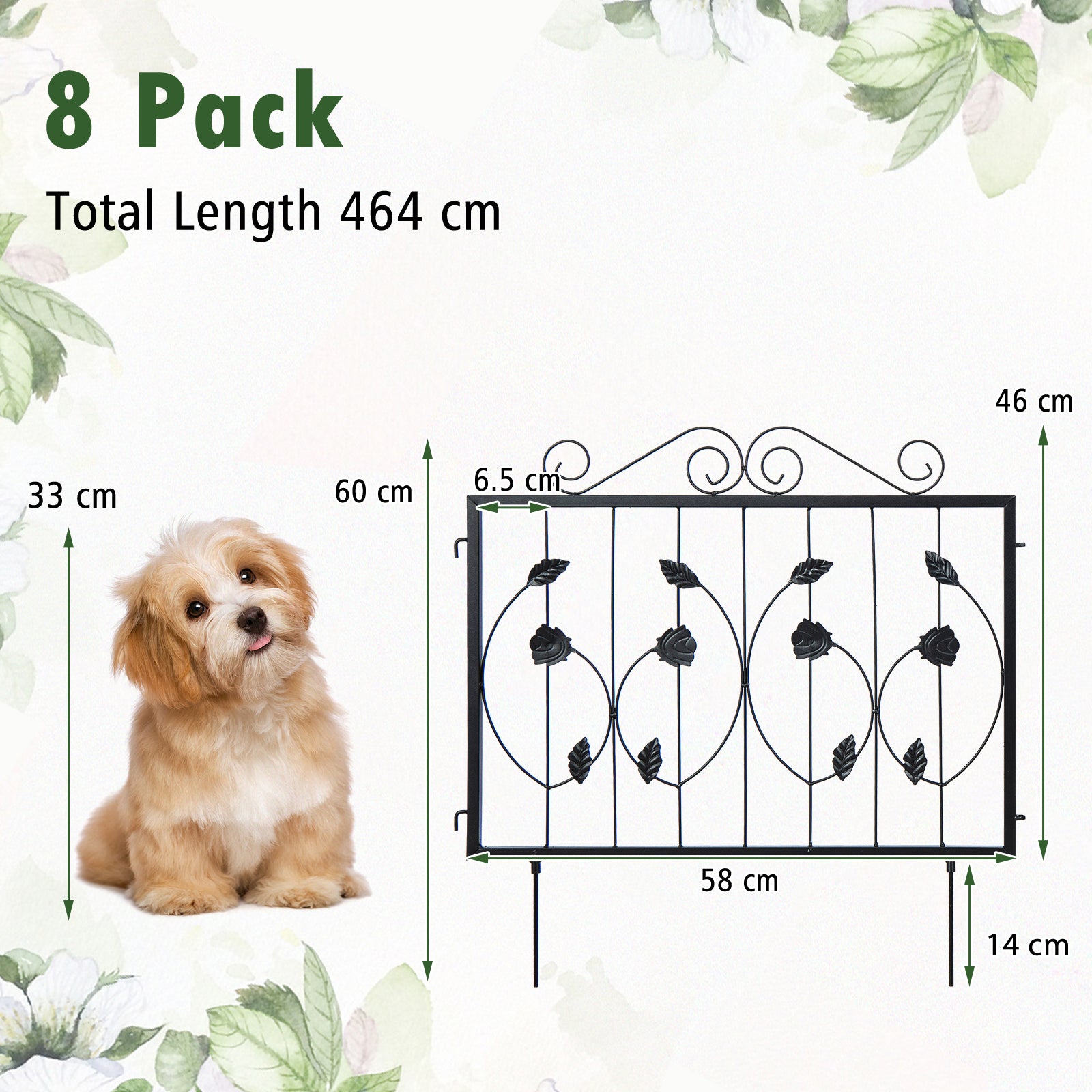 464 x 58 cm Decorative Garden Fence with 8 Panels-Black