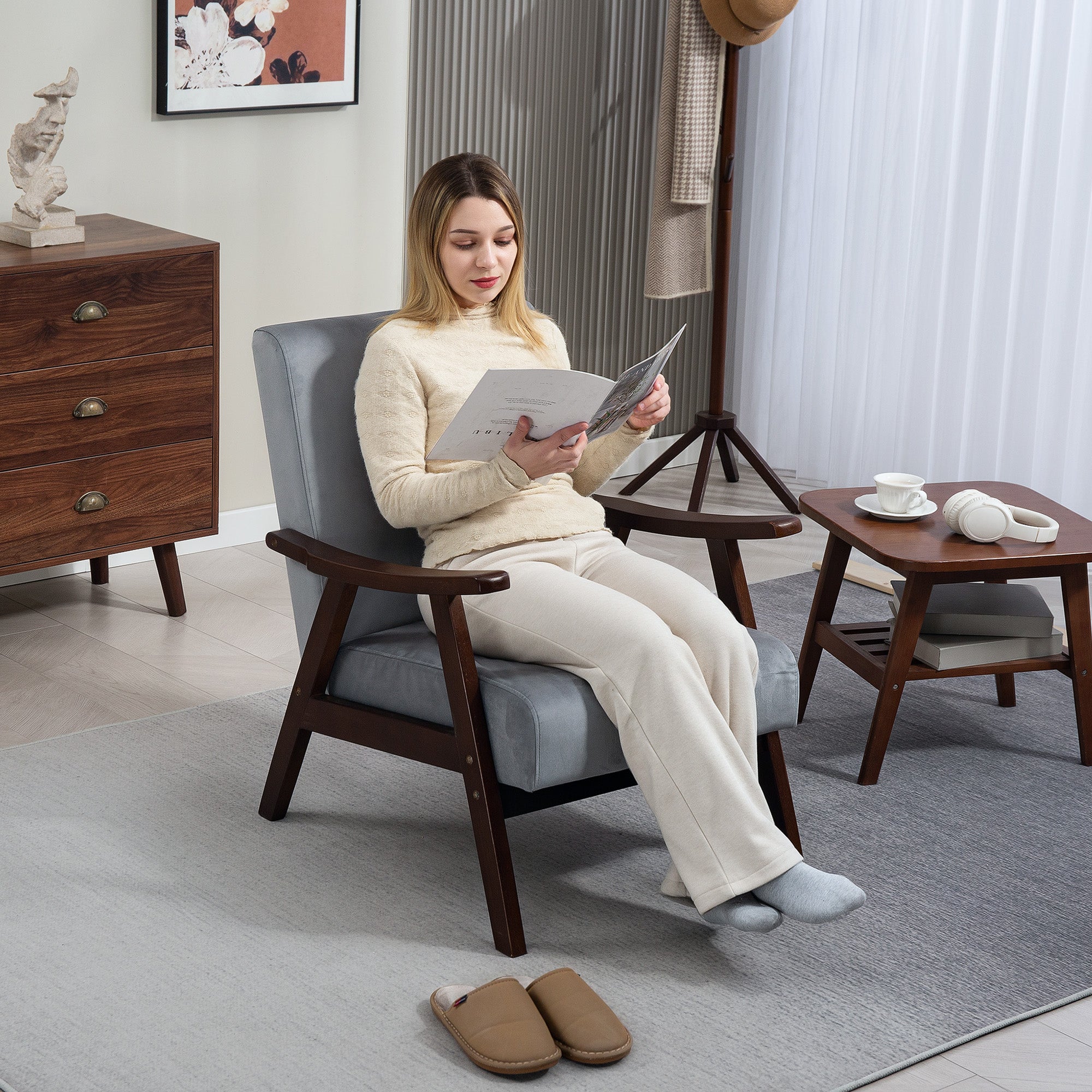 HOMCOM Nordic Accent Chair, Upholstered Velvet Armchair with Solid Wood Frame and Soft Thick Padded for Living Room, Bedroom, Grey