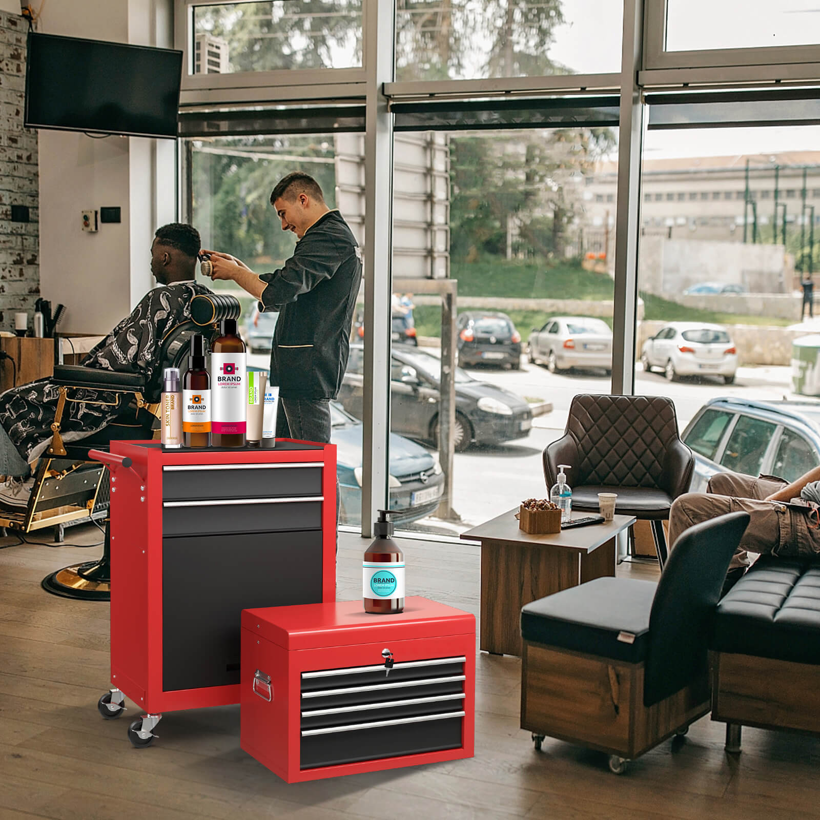 Detachable Tool Storage Cabinet with 4 Hooks and Wheels-Black & Red